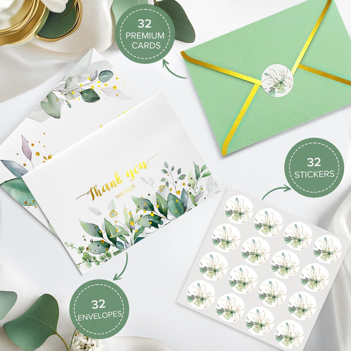 BGTCARDS Greenery Thank You Cards with Envelopes, Gold Foil, 32 Pack, 4×6”