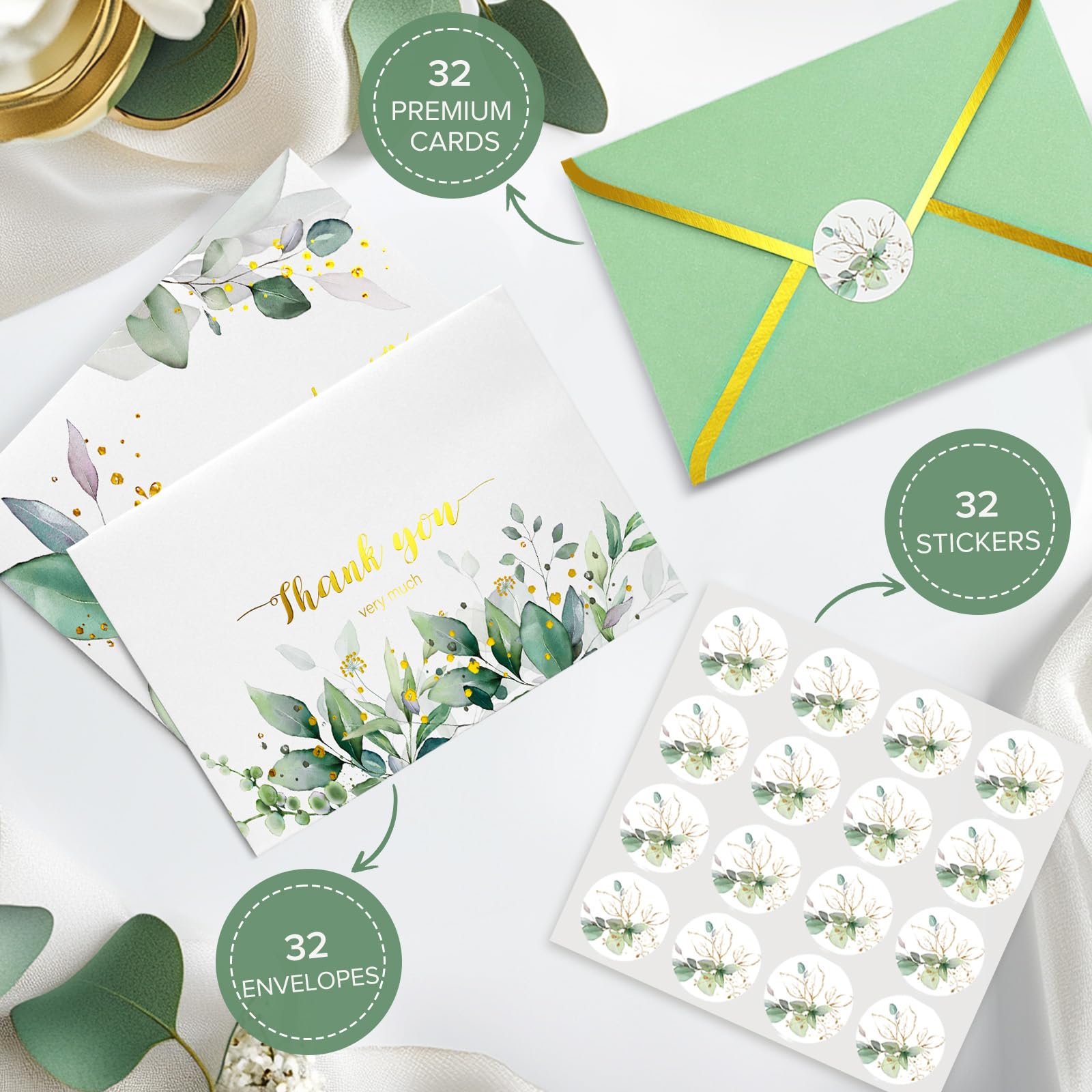 BGTCARDS Greenery Thank You Cards with Envelopes, Gold Foil, 32 Pack, 4×6”