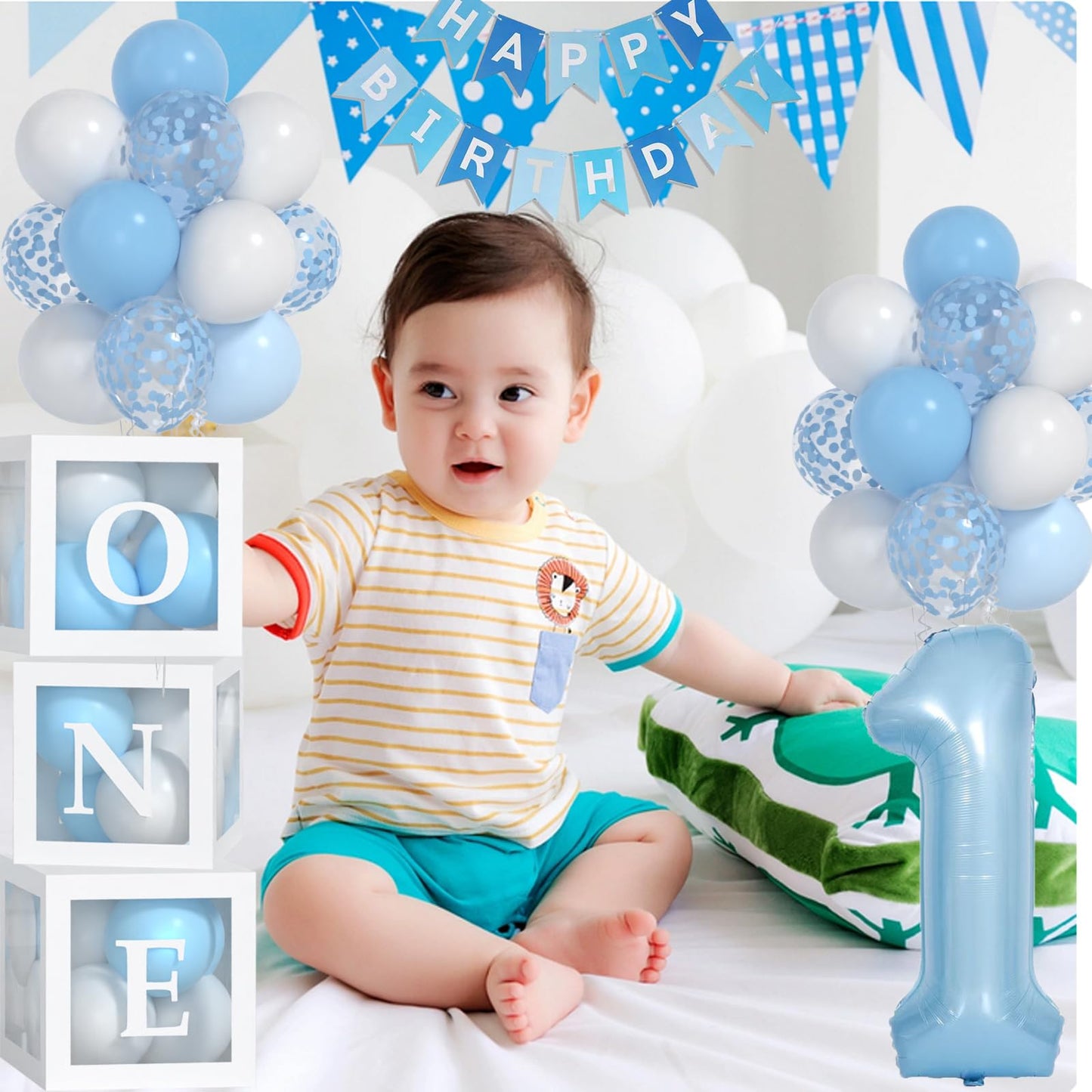 Yumiche First Birthday Decorations For Boy-40 Inch Blue 1 Number, Baby Blue White Balloons, Happy