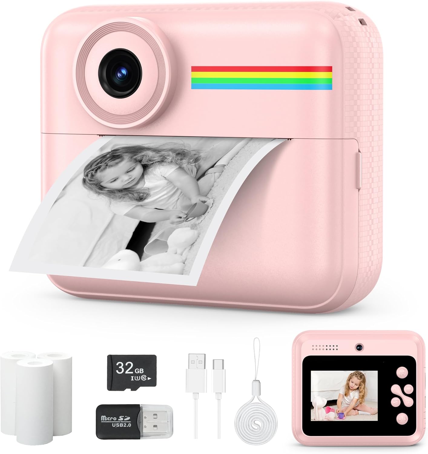Kids Camera Instant Photo Printing,HD Digital Video dual Cameras for Toddler,Kids Digital Camera That Print Photos Christmas Birthday Gifts for Boys and Girls with 32GB SD & 3 Rolls Print Paper (Pink)