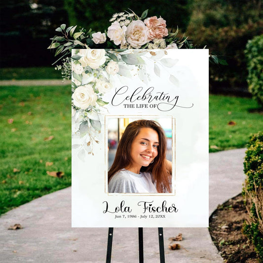 Funeral Welcome Sign with Photo, White Greenery Funeral Welcome Sign, Celebration of Life Decoration, Funeral Memorial Sign, In Loving Memory Sign, Photo Sign, Funeral program