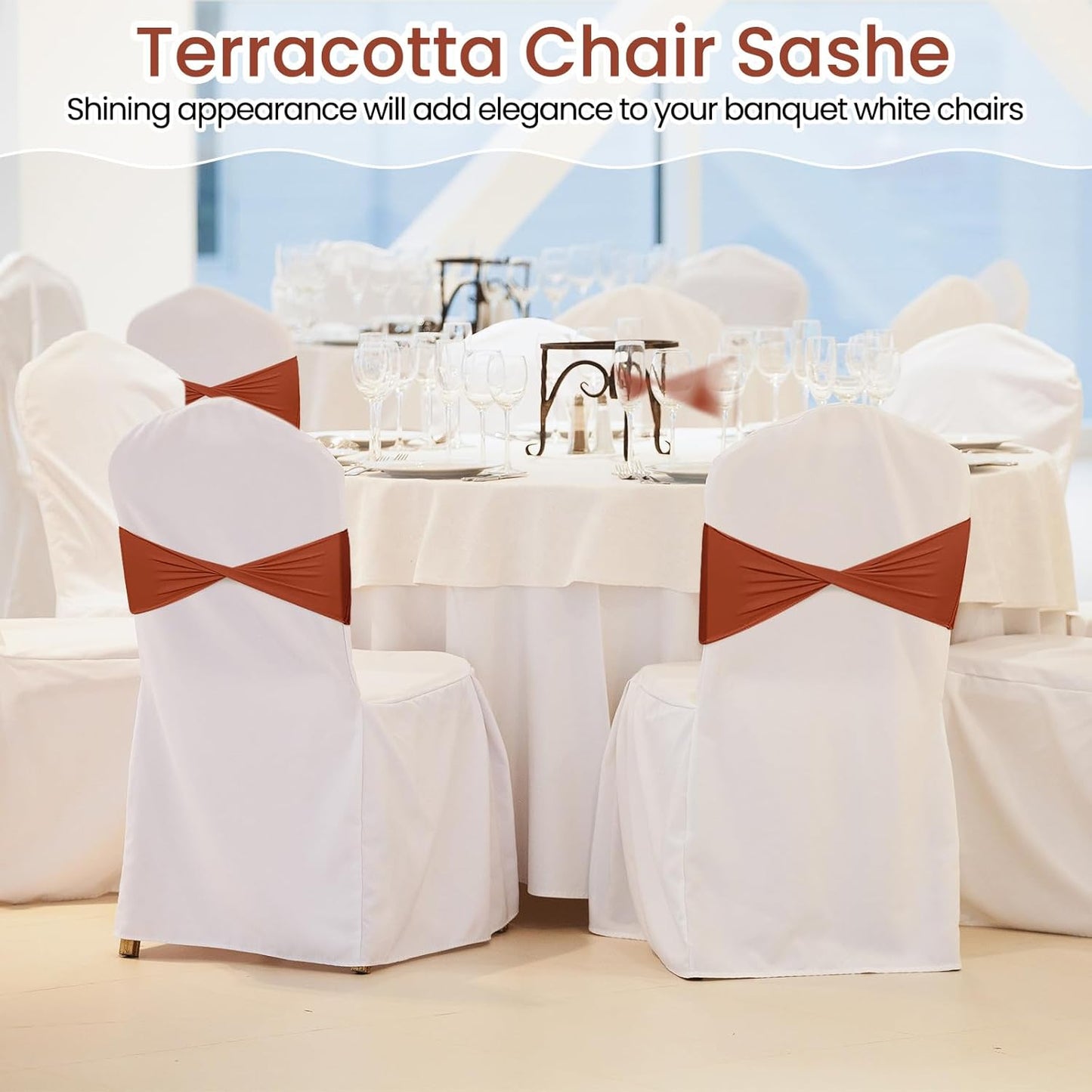 Kinlop 50 Pcs Spandex Chair Sashes Bows Chair Bands Slider Sashes for Covers Elastic Bands Ties Without Buckle Decorations for Wedding Party Events Ceremony Birthday(Terracotta)