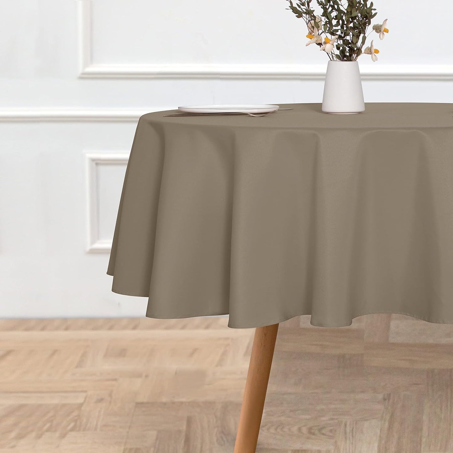 sancua Round Tablecloth - 48 Inch - Water Resistant Spill Proof Washable Polyester Table Cloth Decorative Fabric Table Cover for Dining Tables, Buffet Parties and Camping, Taupe