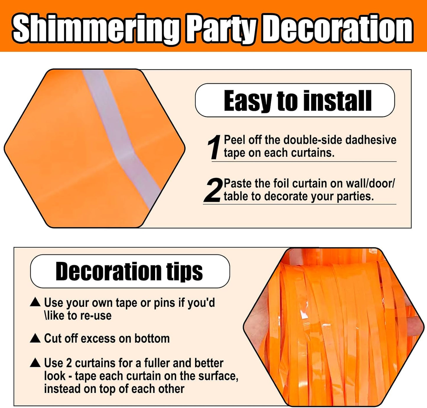 3 Pack Macaron Orange Foil Fringe Curtain Backdrop, 3.28Ft x 8.2Ft Metallic Tinsel Foil Fringe Streamer Curtains for Photo Booth, Christmas Day, Thanksgiving, Wedding, New Year Party Decorations