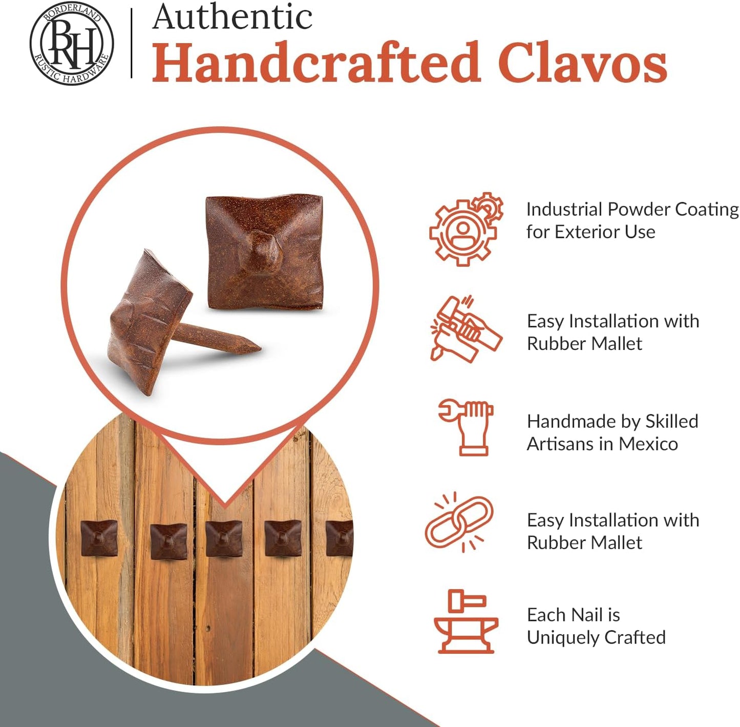 50 Pack 0.75" Square Head Iron Clavos Decorative Nails – Sealed Rusted – Handmade Rustic Square Fasteners for Farmhouse Shutters, Barn Doors, Shutters, and Gates – Ornamental Wood Accent
