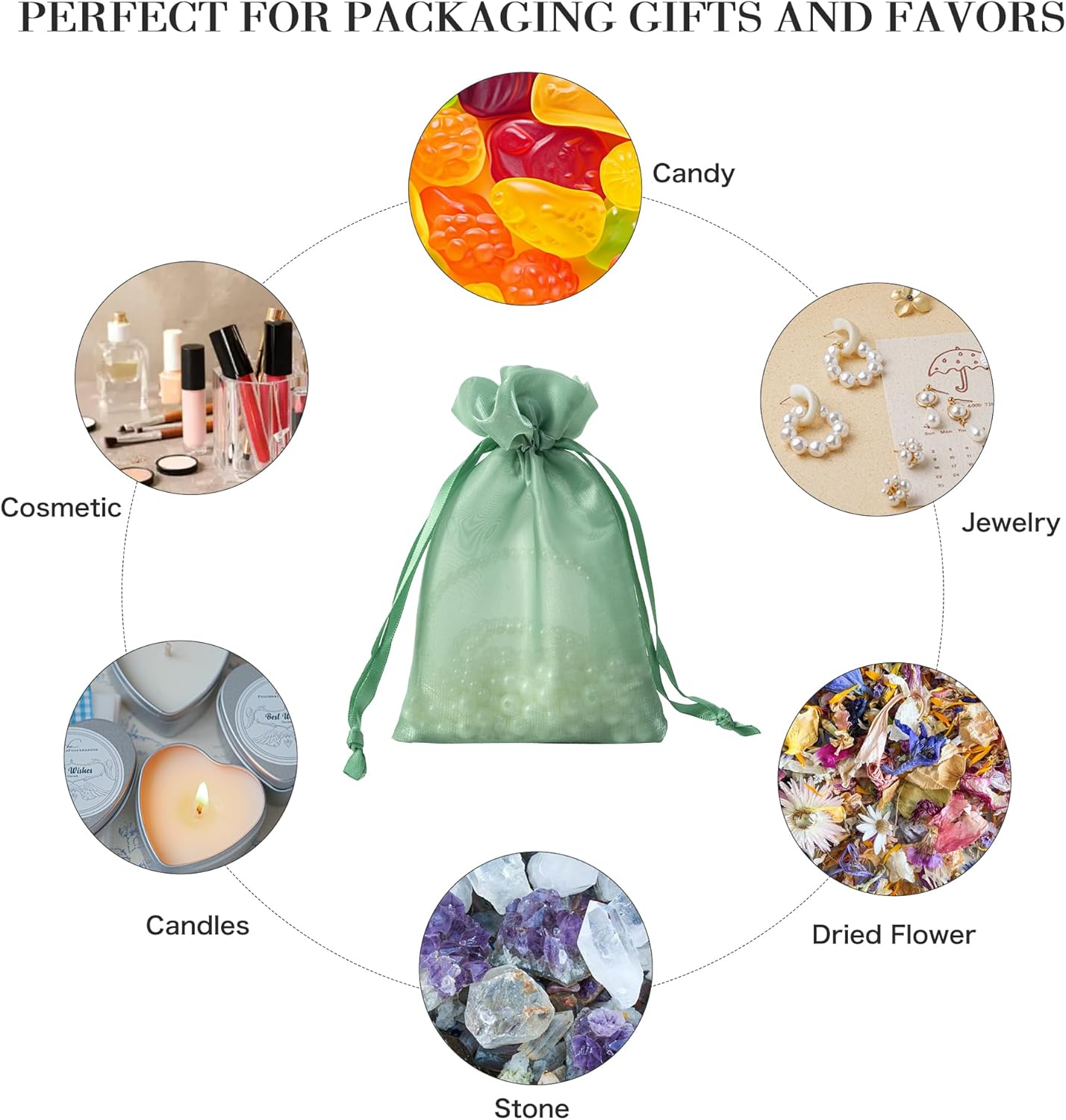 QIANF 20 Pcs Sage Green Small Organza Bags 6X9 inch for Wedding Favors with Drawstring, Mini Mesh Gift Bags Jewelry Pouch for Candy Bridal Shower Party Favor Baby Shower Christmas