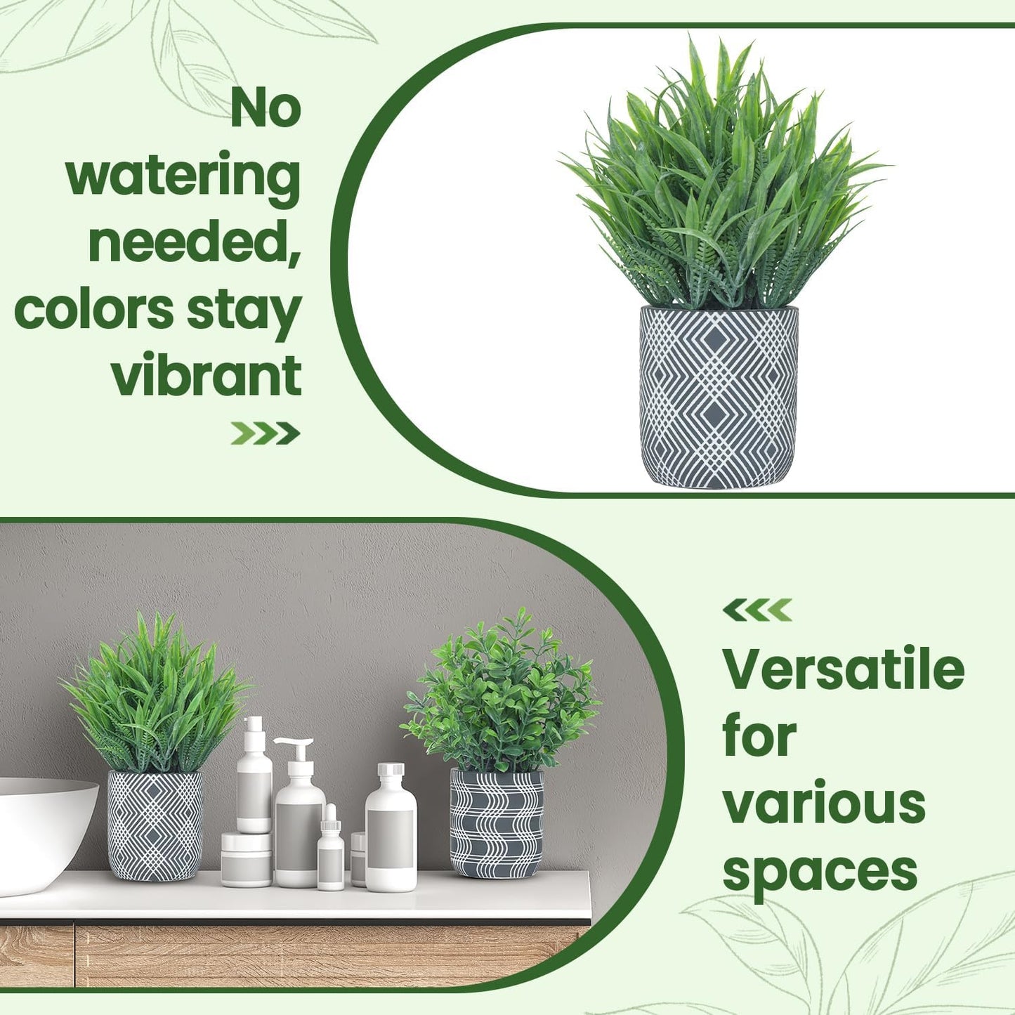 2 Pack Small Fake Plants, Fake Grass Plant, Artificial Boxwood with Geometric Pattern Cement Pots, Small Potted Faux Greenery for Home Decor, Bathroom, Shelf, Office, Farmhouse Decoration