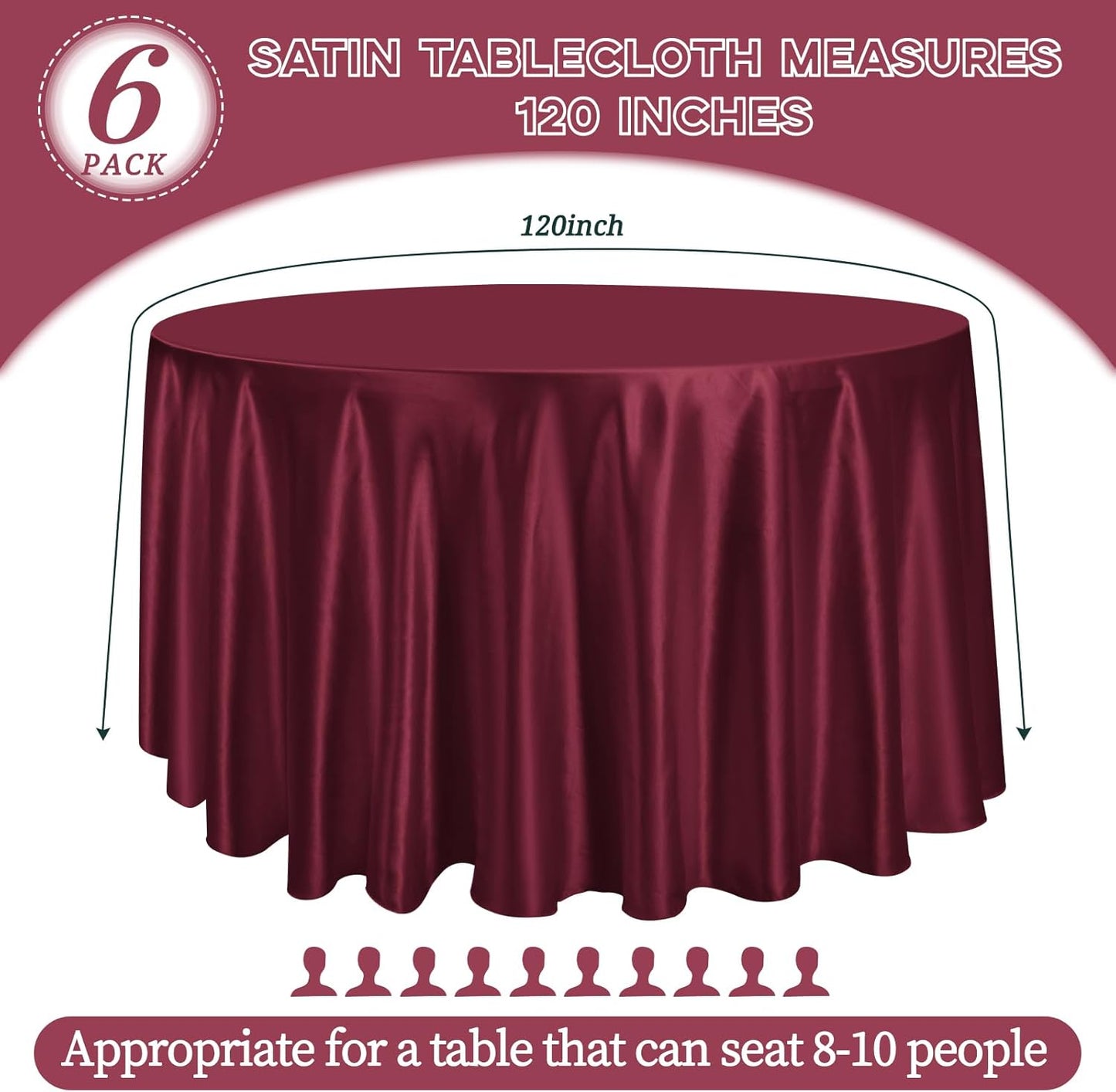 fani 6 Pack 120 Inch Burgundy Satin Tablecloth - Premium Bright Silky Round Tablecloth Overlay Smooth Fabric Table Cover, Table Decoration for Wedding Party Banquet Events Restaurant Kitchen Dining