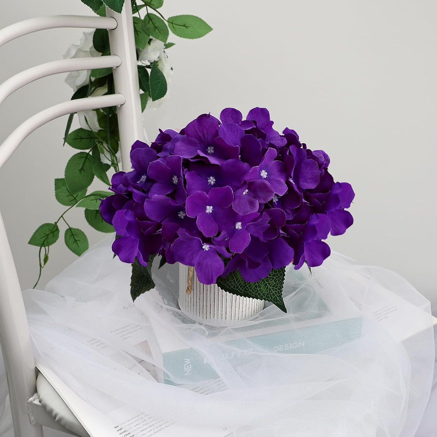 Flower Table Centerpieces - Set of 6 Floral Arrangement Artificial Wedding Hydrangeas Floral Arrangement with Rustic Metal Vase for Bridal Tea Party Event Decorations - Deep Purple