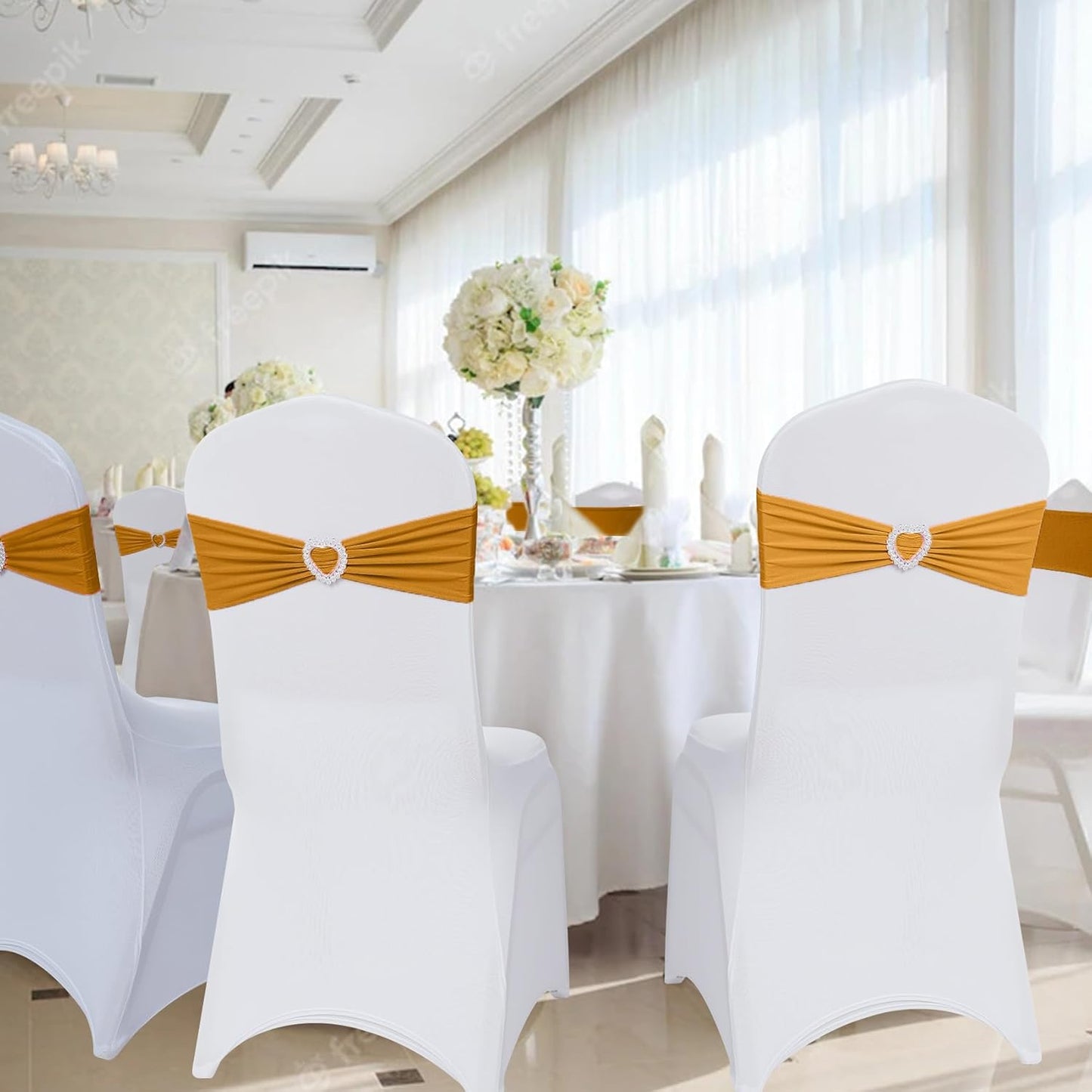 Howhic Pack of 30 Spandex Chair Sashes Bows Stretch Chair Cover Band with Buckle Slider Universal Elastic Chair Ties for Wedding Banquet Party Event Decoration (Gold)