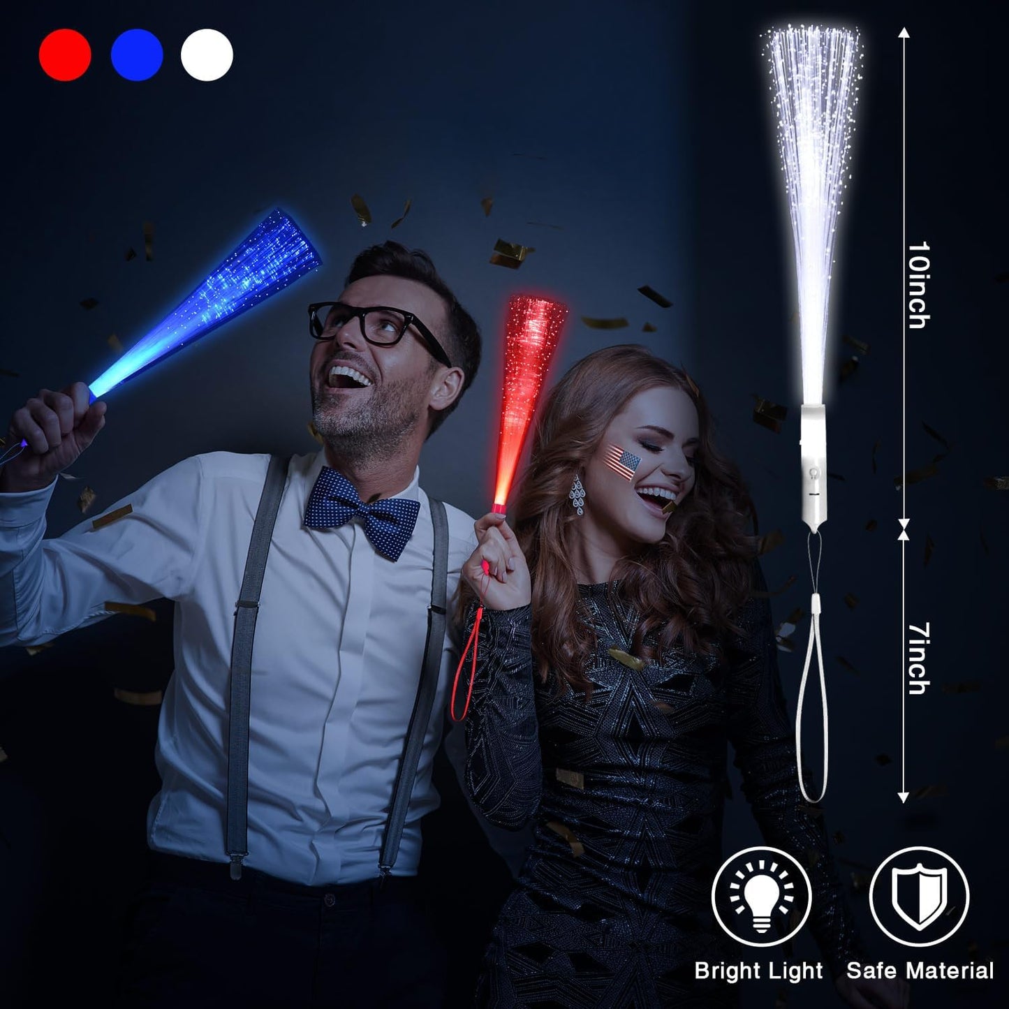 48 PCS Red Blue White Glow Fiber Wands Sticks LED Light Wands 3 Modes Flashing Fiber Optic Light Rod Bulk Fiber Optic Wands for July 4th Party Supplies