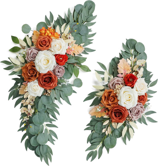 Burnt Orange Wedding Arch Flowers, Artificial Flowers for Wedding Welcome Signs and Autumn Weddings Reception Ceremony Decoration, Fall Flowers Decor (Set of 2)