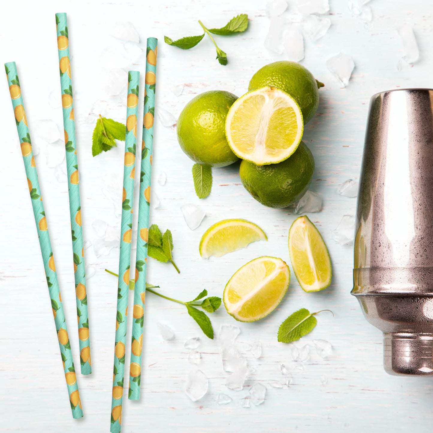 Whaline 200Pcs Watercolor Lemon Paper Straws Summer Disposable Drinking Straws Lemon Party