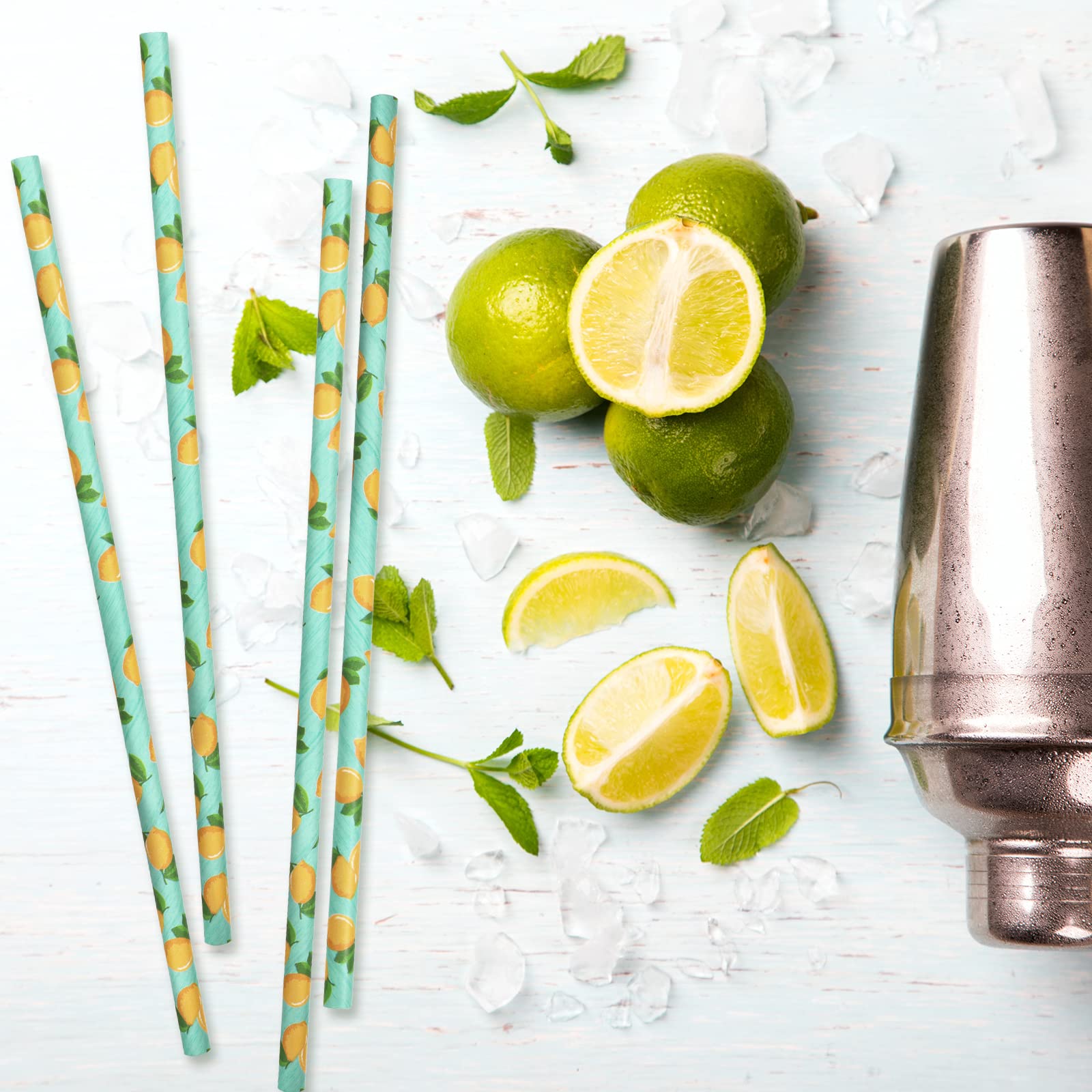 Whaline 200Pcs Watercolor Lemon Paper Straws Summer Disposable Drinking Straws Lemon Party