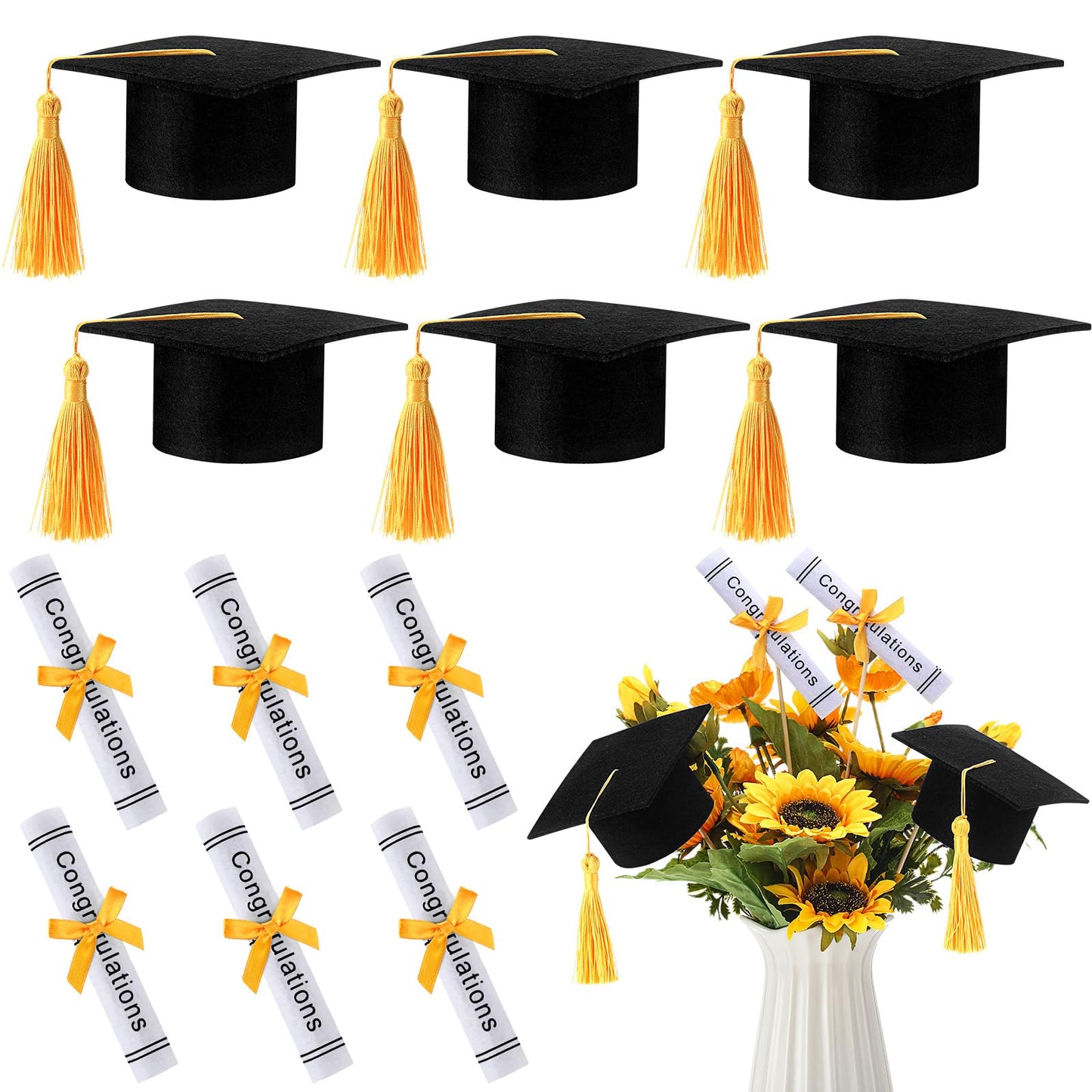 Breling Graduation Centerpiece Felt Cap Sticks,Black and Gold,12 Pcs