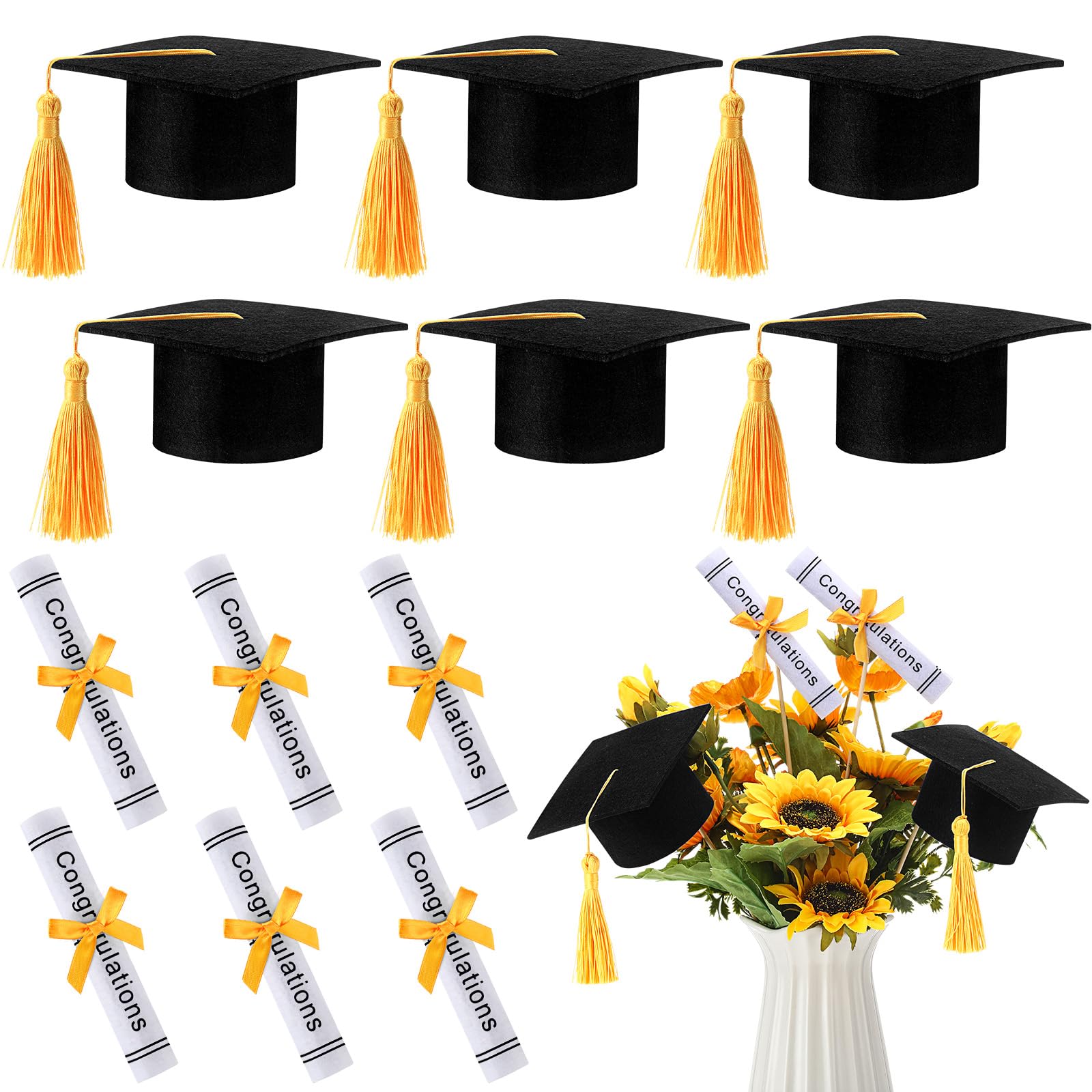 Breling Graduation Centerpiece Felt Cap Sticks,Black and Gold,12 Pcs