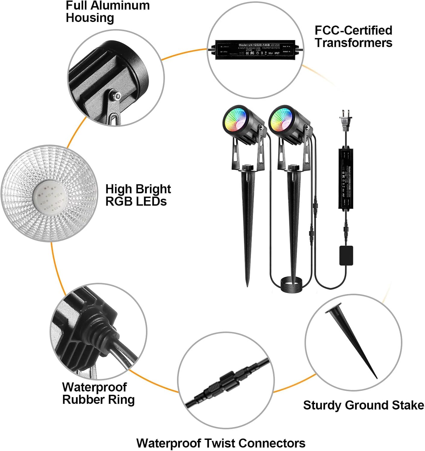 Outdoor Landscape Lighting, 6 Pack RGB Outdoor Spot Lights with Transformers and Remote, 12V Low Voltage Color Changing Landscape Lights IP65 Waterproof Plug in Outdoor Uplights for Yard House Tree