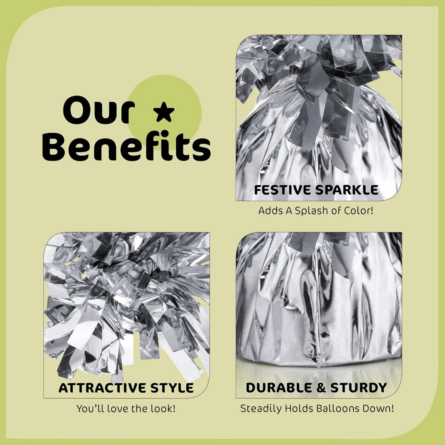 Silver Balloon Weights - Bulk Pack of 72 Heavy Metallic Foil Anchor Weights for Helium Balloons - 4.8'' Base for Bouquet Table Centerpieces & Cluster Floor Party Decorations