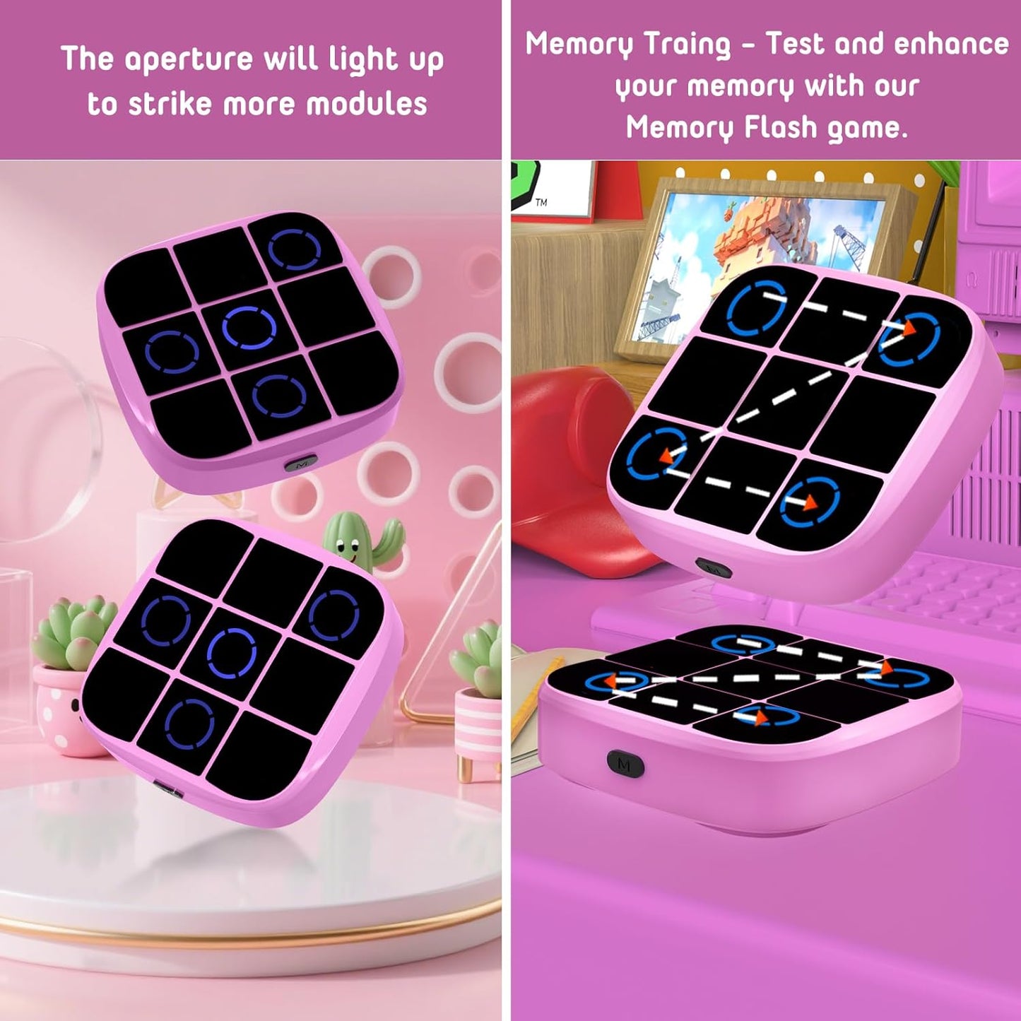 Tic-Tac-Toe Bolt Game, 4-in-1 Handheld Puzzle Games Console, Electronic Tic-Tac-Toe Game for Educational and Memory Growth, Portable Travel Games for Car Ride, Board Games for Kids and Adults (Pink)