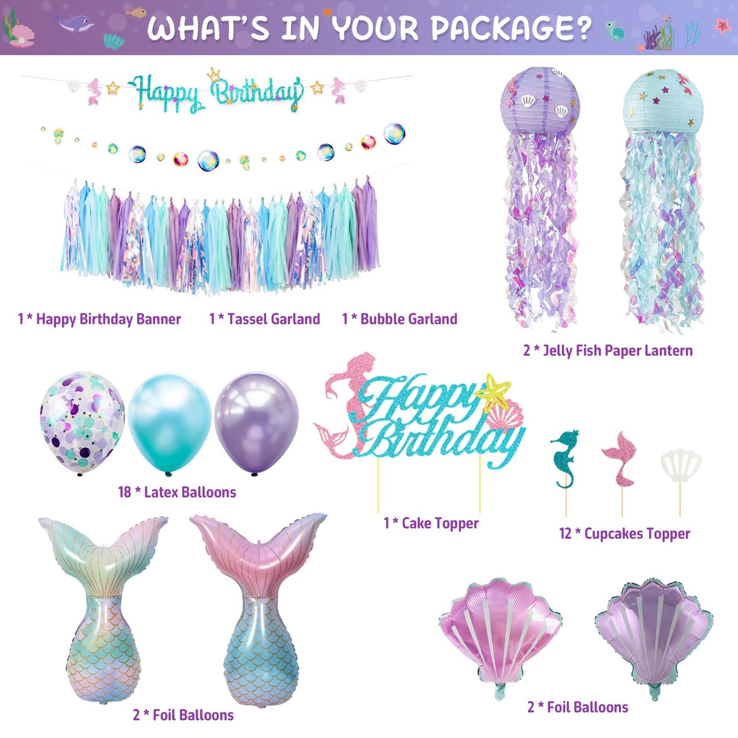Mermaid Birthday Party Decorations Supplies Banner Tassel Garland Bubble Garland Hanging Jelly Fish