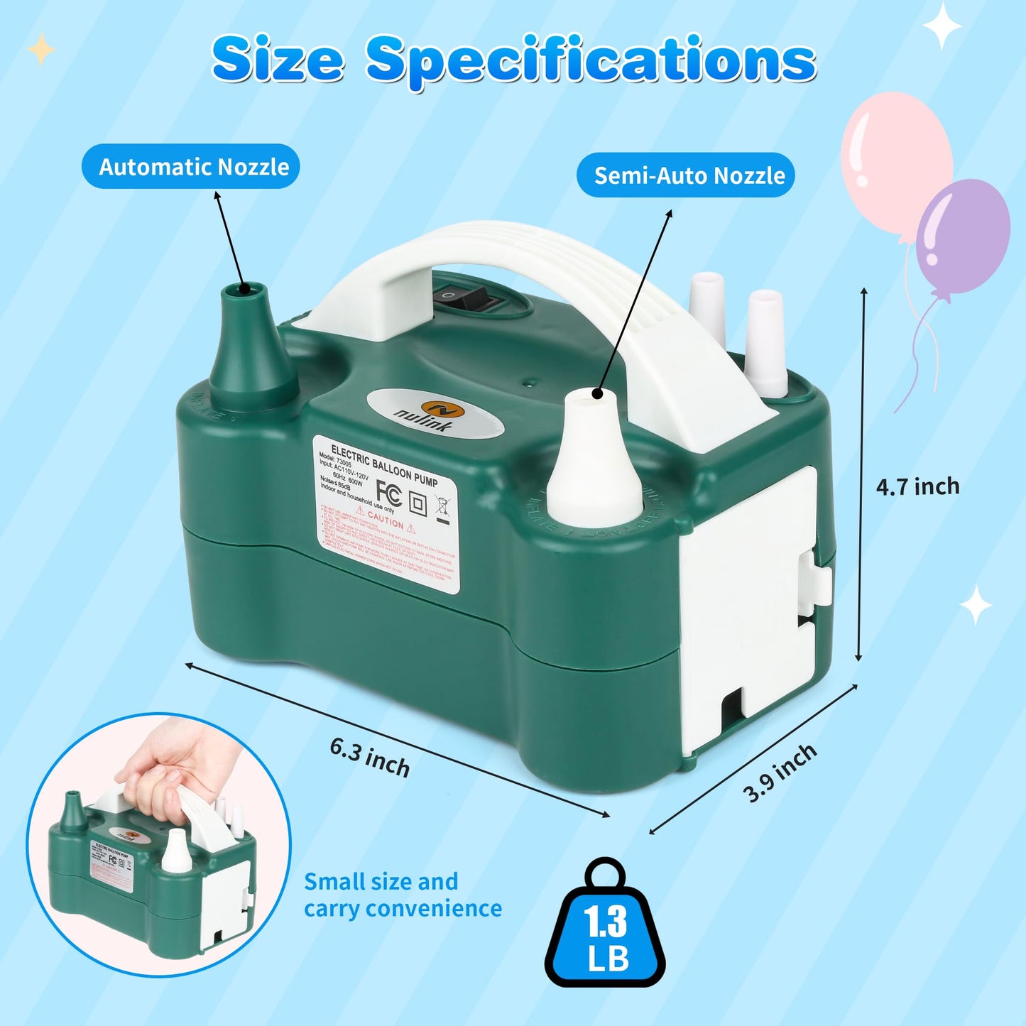NuLink Balloon Pump Electric Portable Dual Nozzle Air Pump for Balloons Blower Pump Inflator for