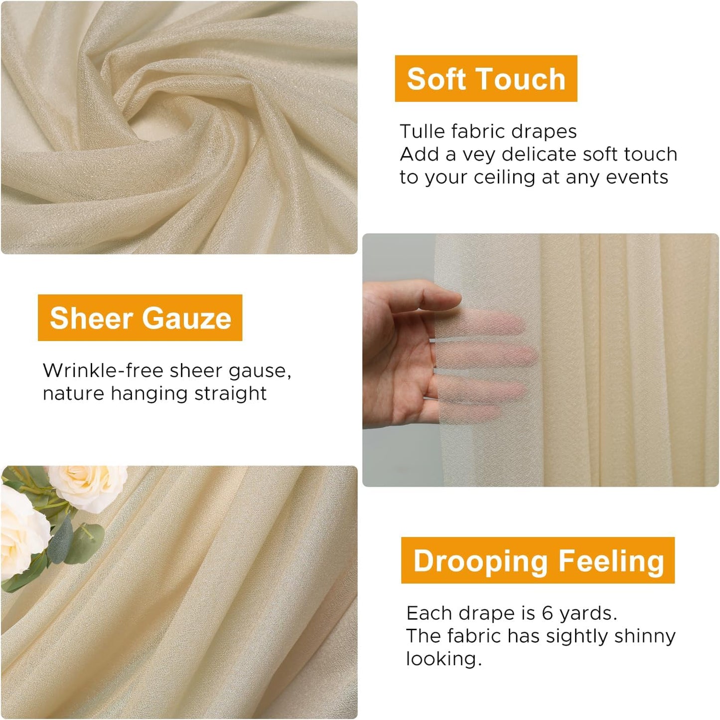 Wedding Arch Draping Fabric 6 Panels 28.7" x 20FT Champagne Sheer Chiffon Backdrop Drapes for Wedding Ceremony Birthday Party Bridal Shower Outdoor Decoration