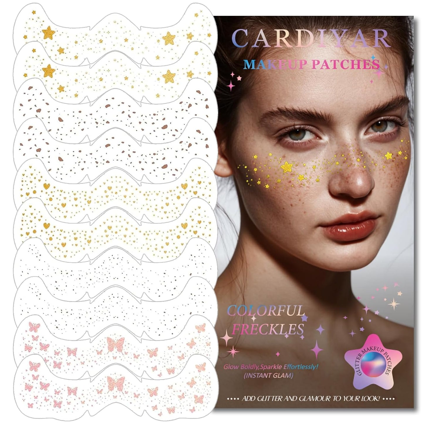 Glitter Freckles, 24PCS Glitter Freckles Face Tattoo, Sparkle Freckles for Women, Waterproof Gold Temporary Face Tattoos Glitter Glow Up Patches Makeup Patches (Multicolored 10pcs)