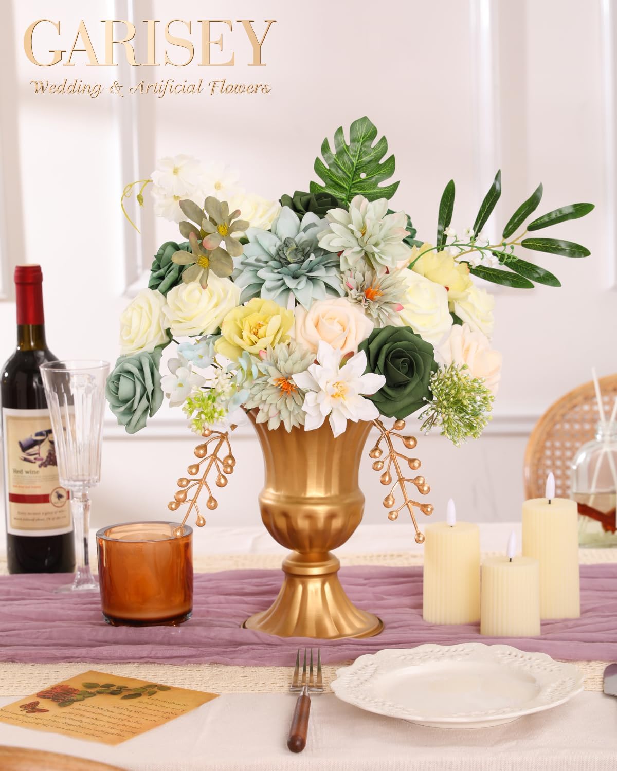 Artificial Flowers Combo, Mix Silk Flowers Roses, Peonies, Dahlias with Stems for DIY Wedding Bridal Bouquets, Baby Shower, Table Centerpieces, Home Decor, Fake Floral Arrangements-Elf Green