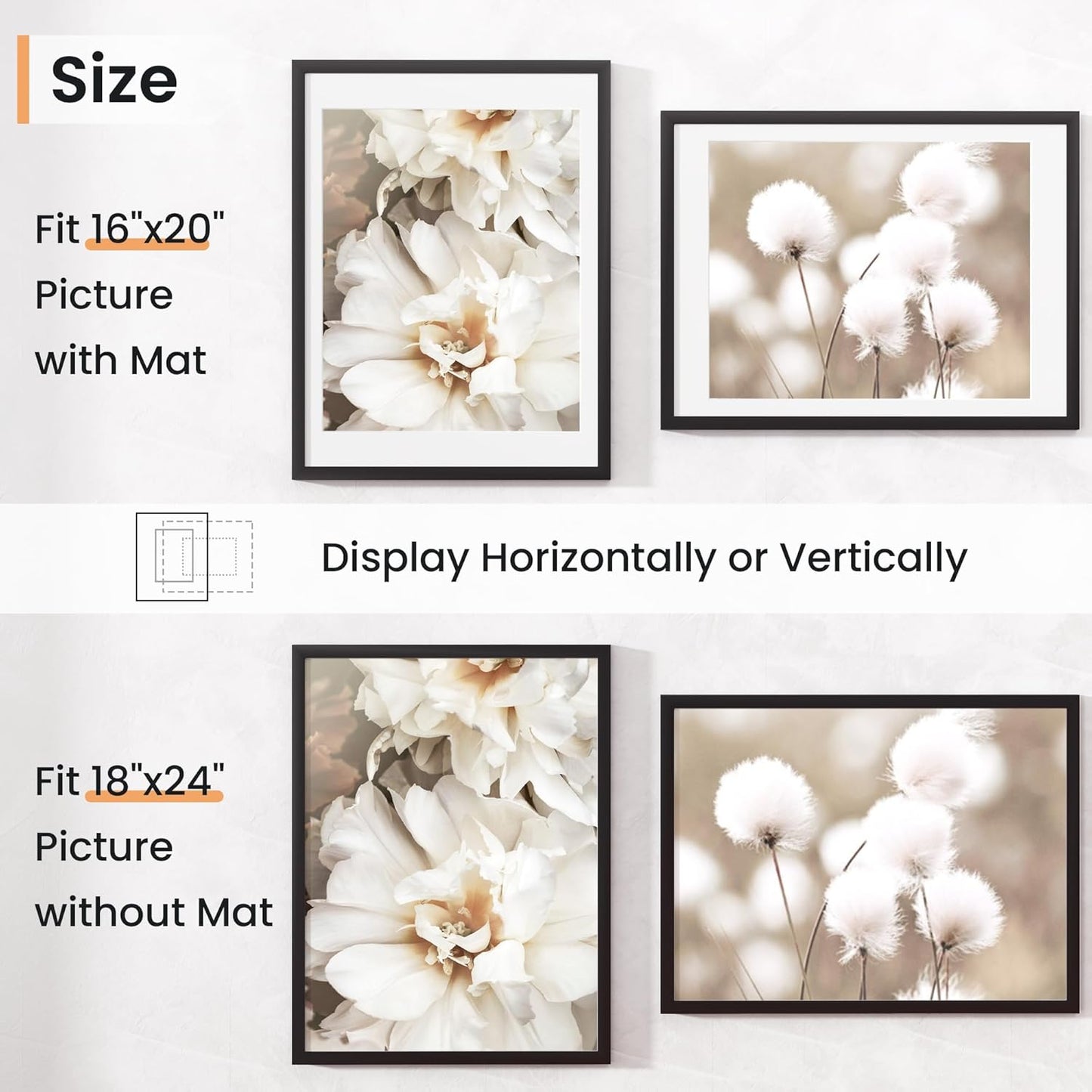 18x24 inch Picture Frame, 18x24 Photo Frames with 16x20 Removable Mat - High Definition Plexiglass - Vertical and Horizontal Display - Wall Hanging Poster Frame - Black, 3 Pack