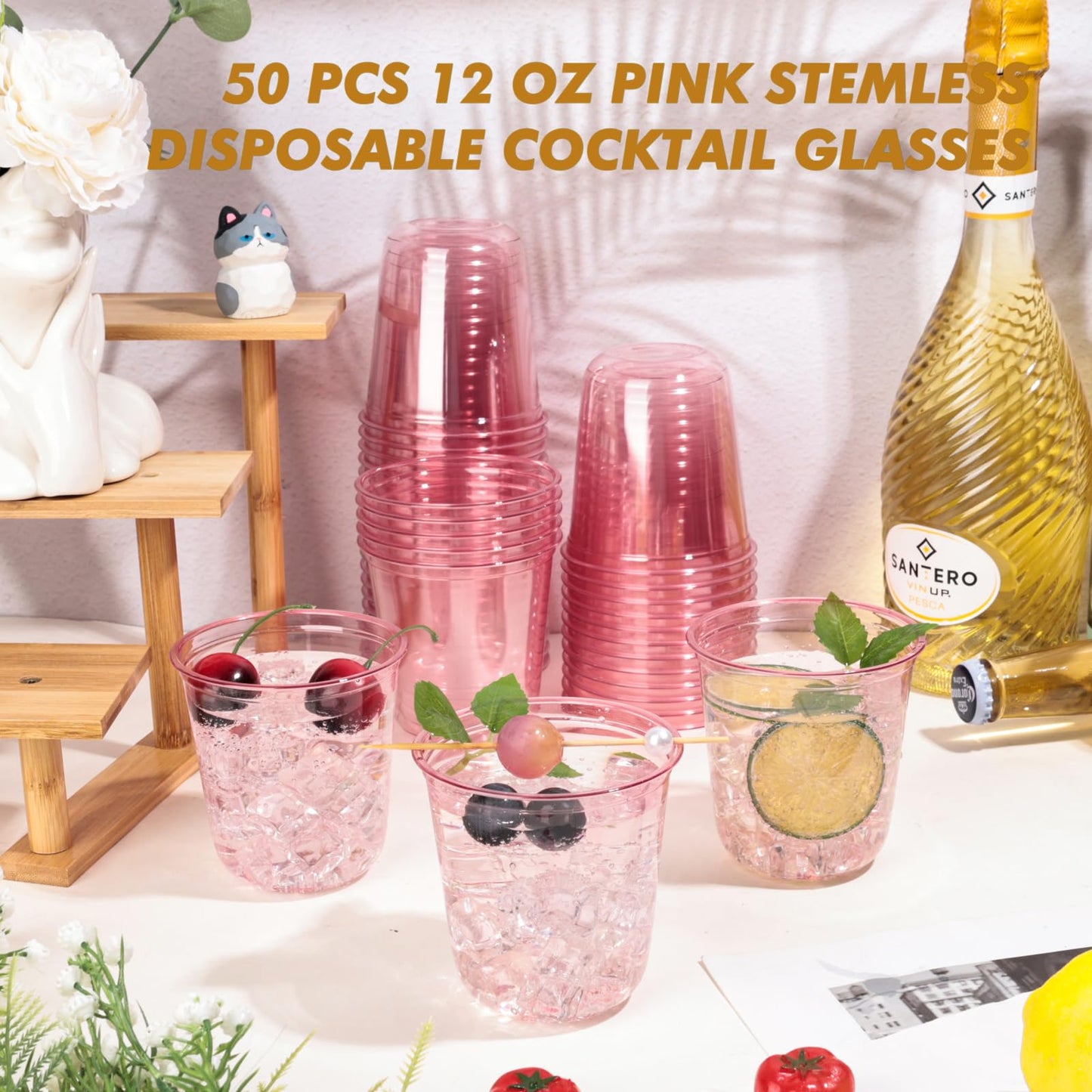 KesaPlan 50Pcs 12oz Pink Plastic Party Cups, Disposable Wine Cocktail Cups