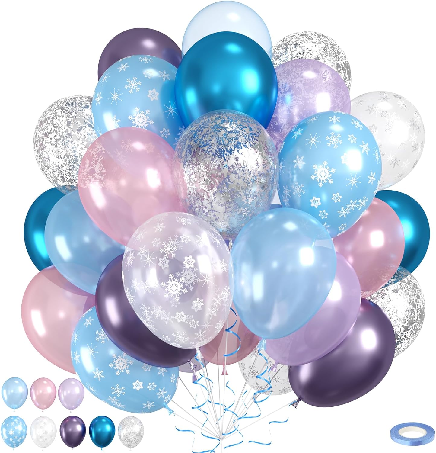 Blue And Purple Balloons, 60pcs Metallic Purple Blue Balloons, Pearl Pink Silver Confetti Balloon Snowflake Print Balloon For Girls Women Kids Birthday Baby Shower Winter Snow Theme Party Wedding