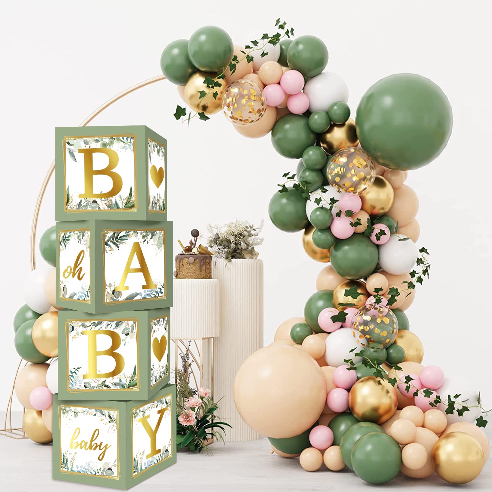 RUBFAC Baby Shower Boxes with Letters, 4pcs Sage Green Baby Shower Decorations for Boy Girl Balloon