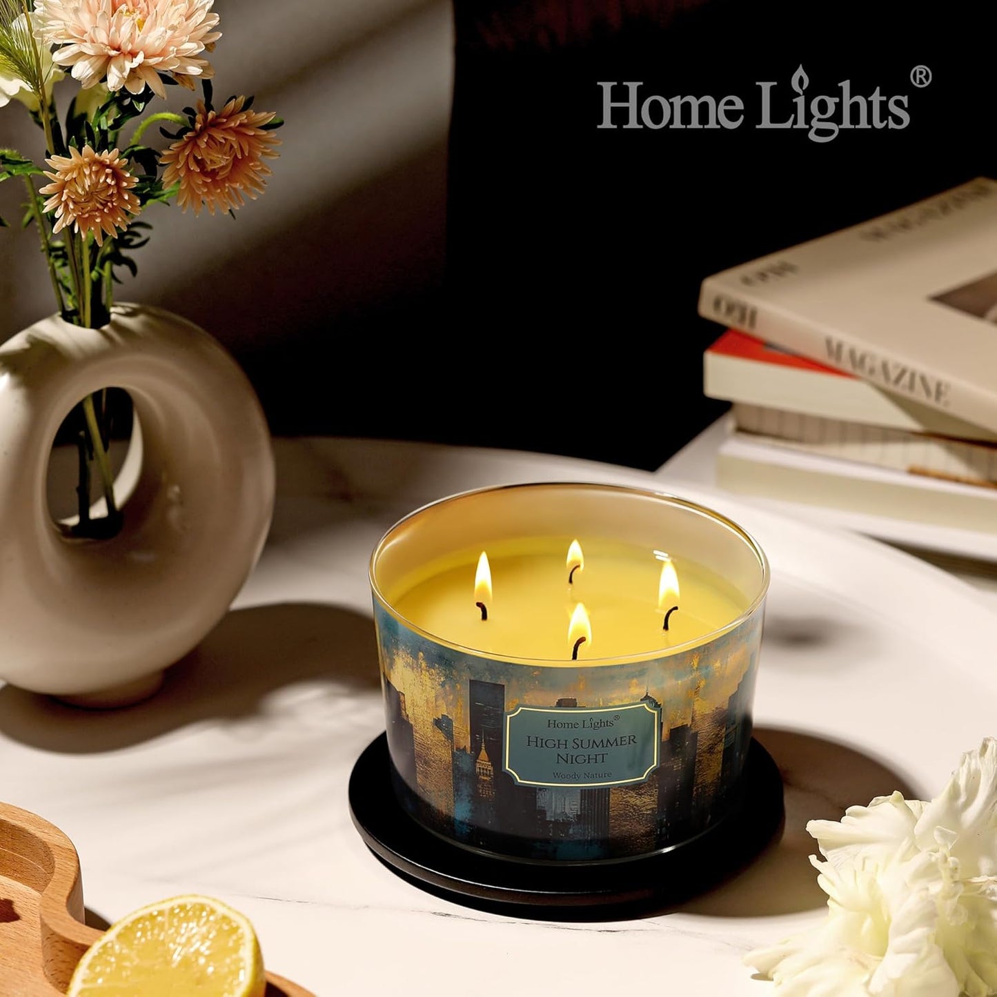 HomeLights High Summer Night Scented Candles | 18oz Soy Candles Industrial Chic 4-Wick Large Candle Jars | Ideal Candle Gifts for Events, Home Decor Stress, Relief & Relaxation