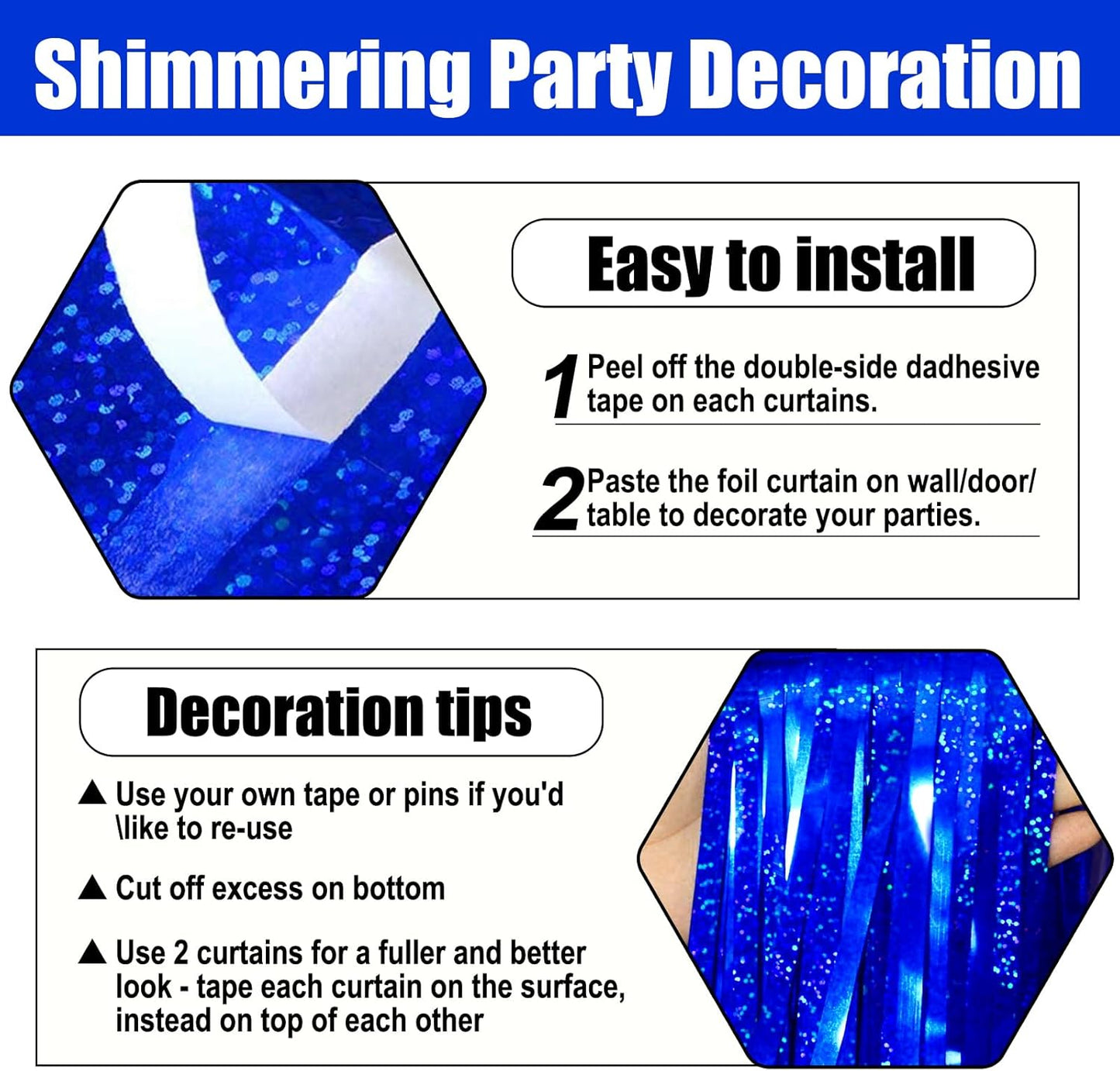 3 Pack Blue Foil Fringe Curtain Backdrop, 3.28Ft x 8.2Ft Metallic Tinsel Foil Fringe Streamer Curtains for Photo Booth, Mother's Day, Easter, Birthday, Wedding Party Decorations