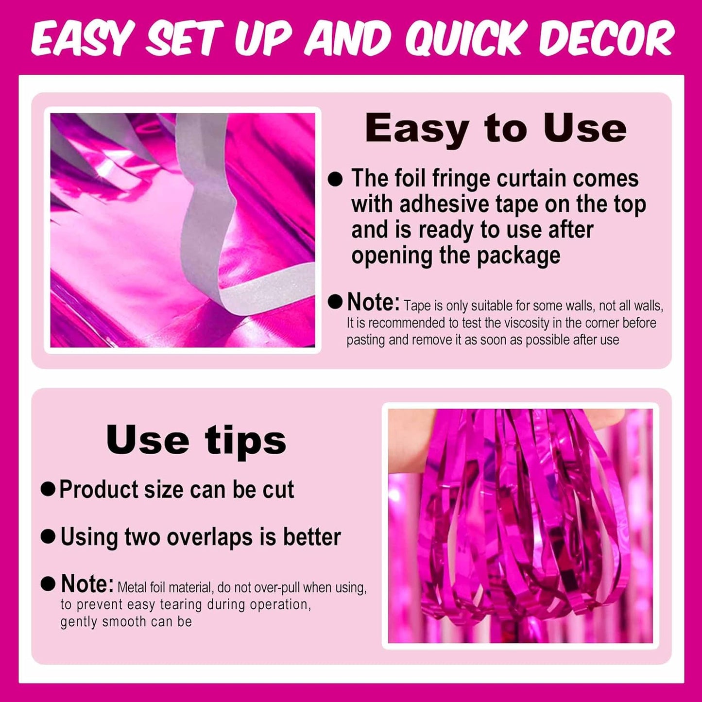 6 Pack Fuchsia Foil Fringe Curtains Backdrop, 3.28 x 8.2 Ft Metallic Streamers Tinsel Curtains Background for Photo Booth, Birthday, Weddings, Carnivals, Graduation, Themed Party Decorations