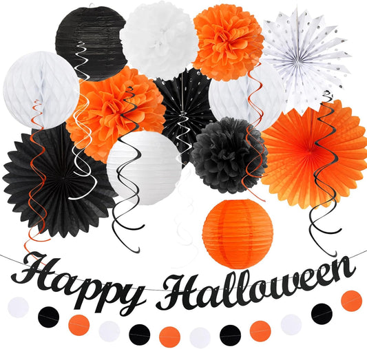 Black-White Orange Happy-Halloween Party-Decorations - 21pcs Birthday Banner,Paper Lanterns Honeycomb,Tissue Pom Poms Flower Fan,Kids Classroom Hanging Streamers Garland Decor Supplies Huglony