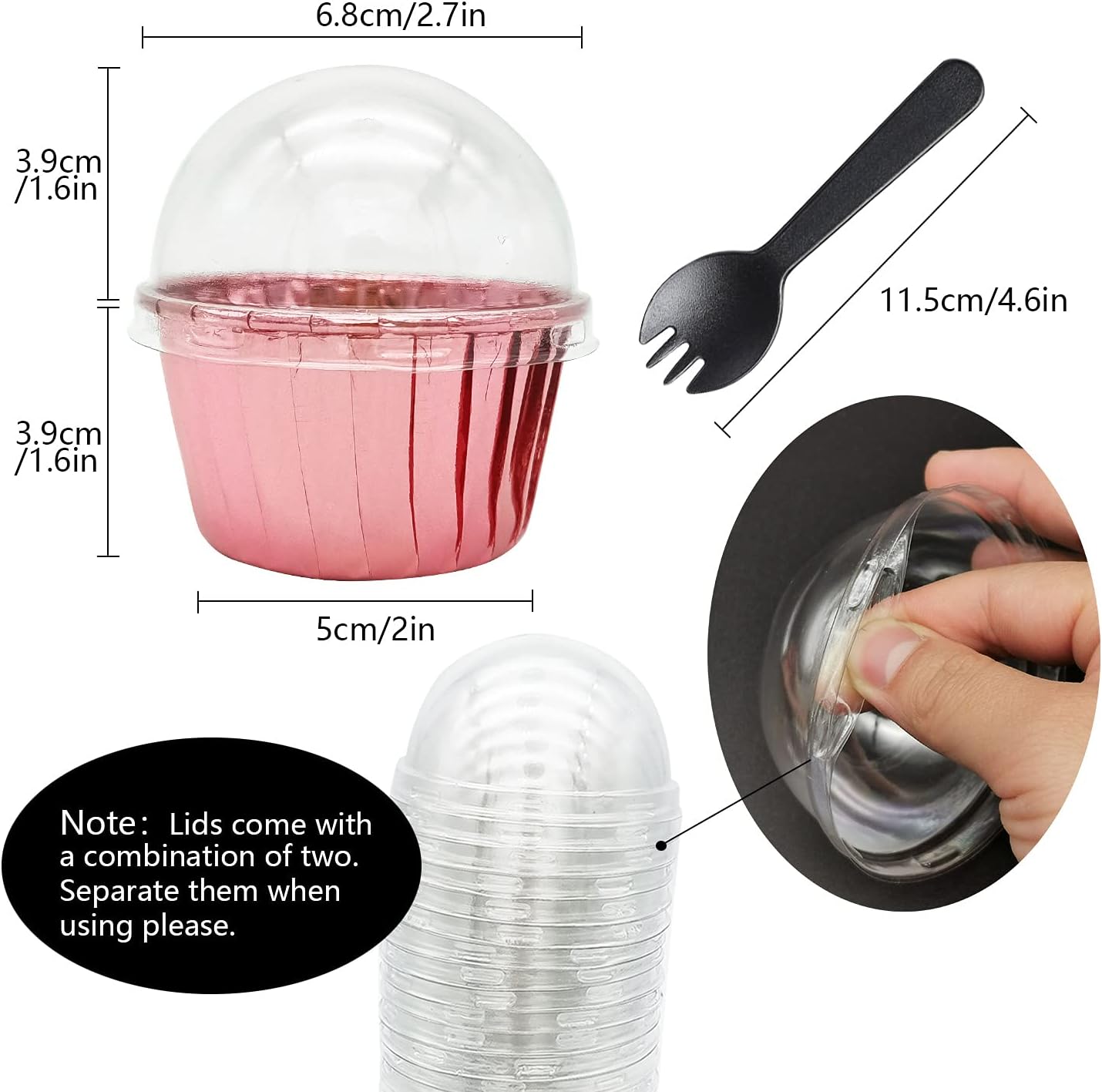 Cupcake Liners with Dome Lids 100Pack,Free-Air 3.5Oz Mini Foil Baking Cups Muffin Liners,Disposable Muffin Tin Cupcake Cups for Individual Bakery Wedding Birthday Party, with Spoons-Rose gold