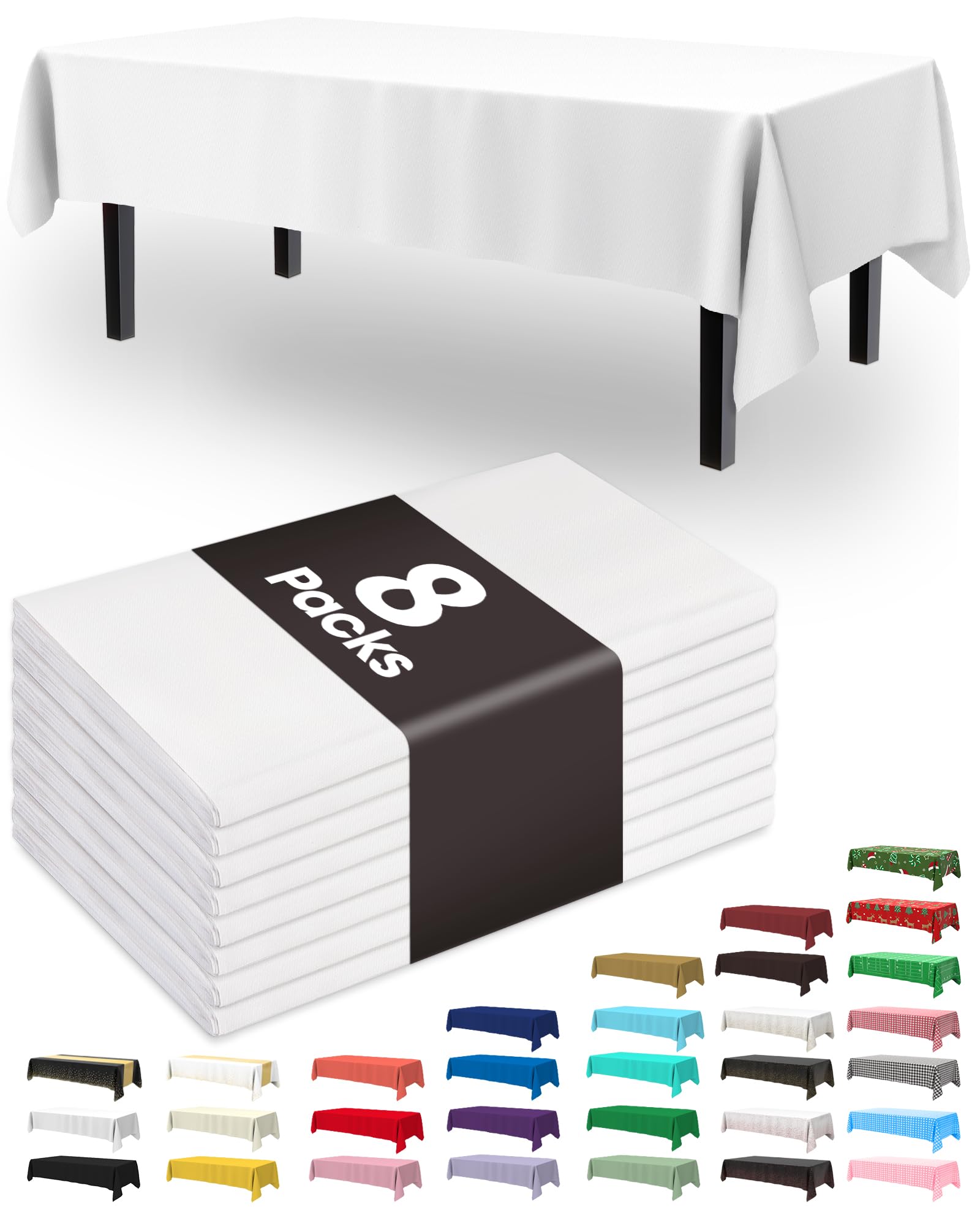 Pureegg Plastic Table Cloth Disposable 8 Pack, 54 x 108 Inch Table Cloths, Party, Picnic, Wedding