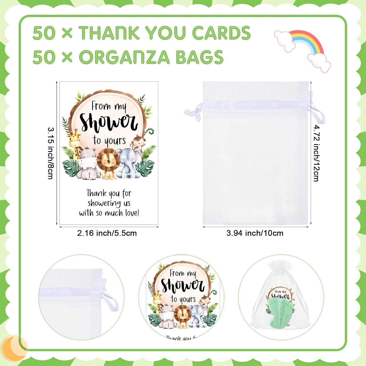 50 Sets Baby Shower Soap Favors for Guests - Mini Handmade Footprint Scented Soap with Thank You Cards and Organza Bag, Party Gifts for Gender Reveal Baptism Shower(Gray and Light Green)