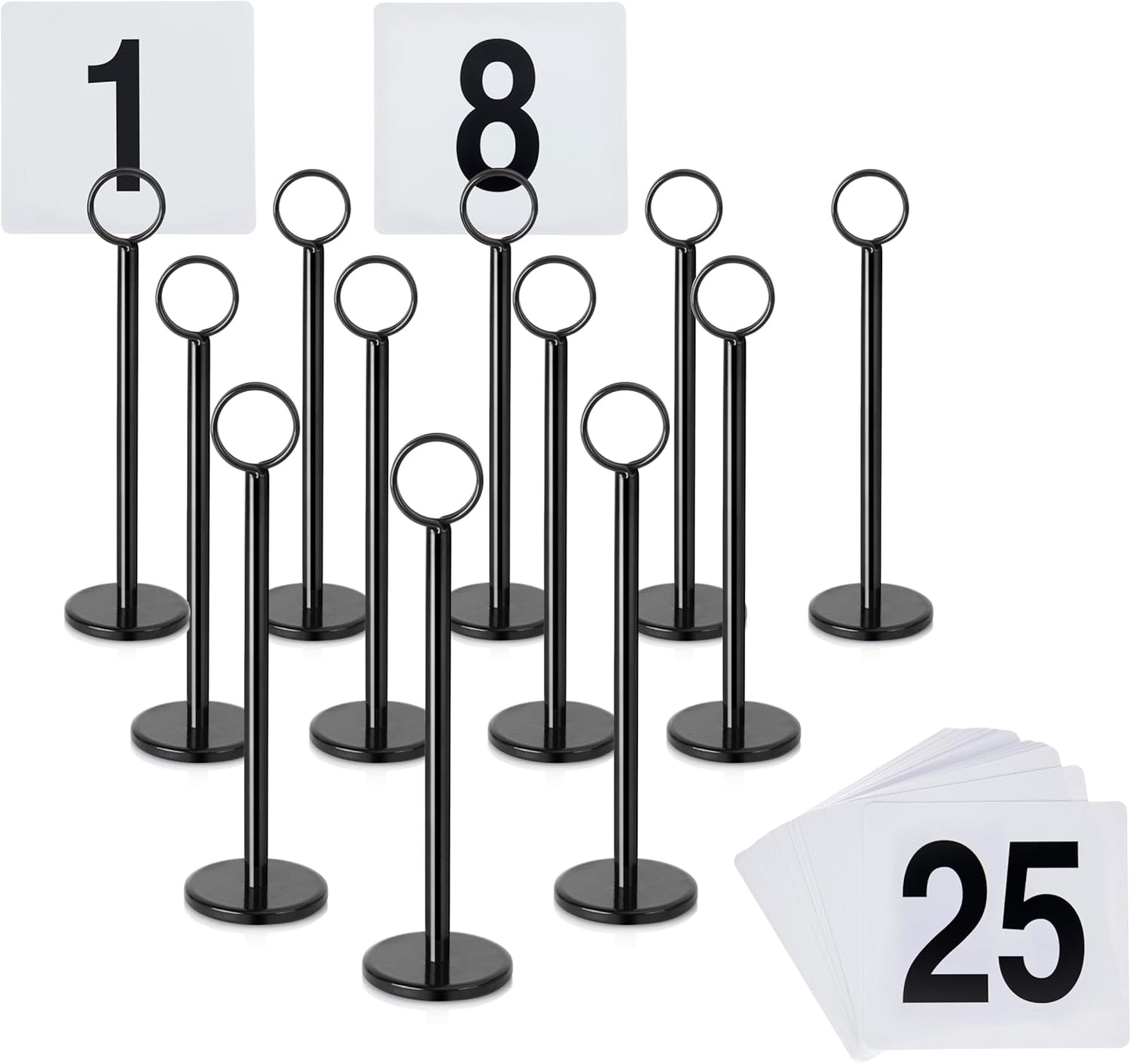 New Star Foodservice 27686 Ring Clip Table Number Card Holders, w/Number Cards, 1 to 25, Set of 12, 8-Inch, Black Stand