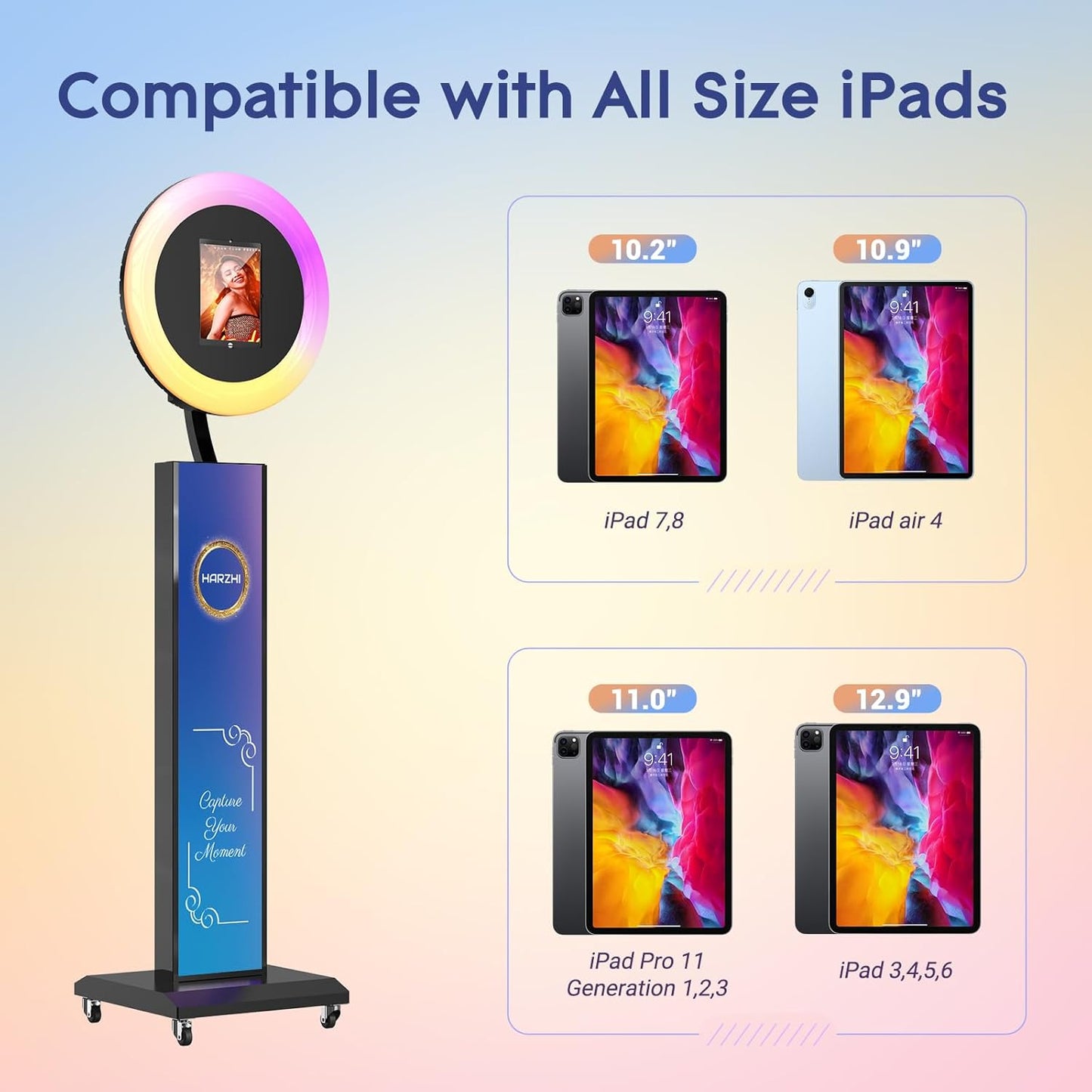 HARZHI Portable Photo Booth Compatible with Ipad, Large Lightbox Ipad Photo Booth for Christmas Wedding Party Provide ChackTok Software APP VIP, Free Custom Logo, Flight Case