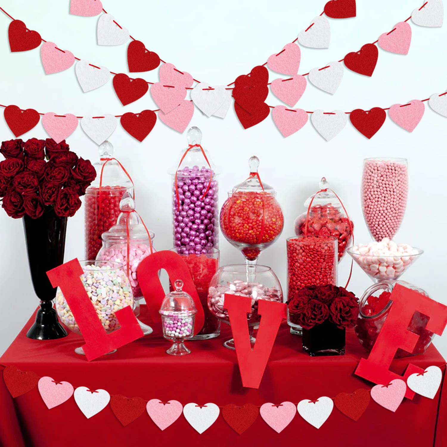 Felt Heart Garland Banner, Pre-Strung | Valentines Decorations | Red Pink White Valentines Banner |