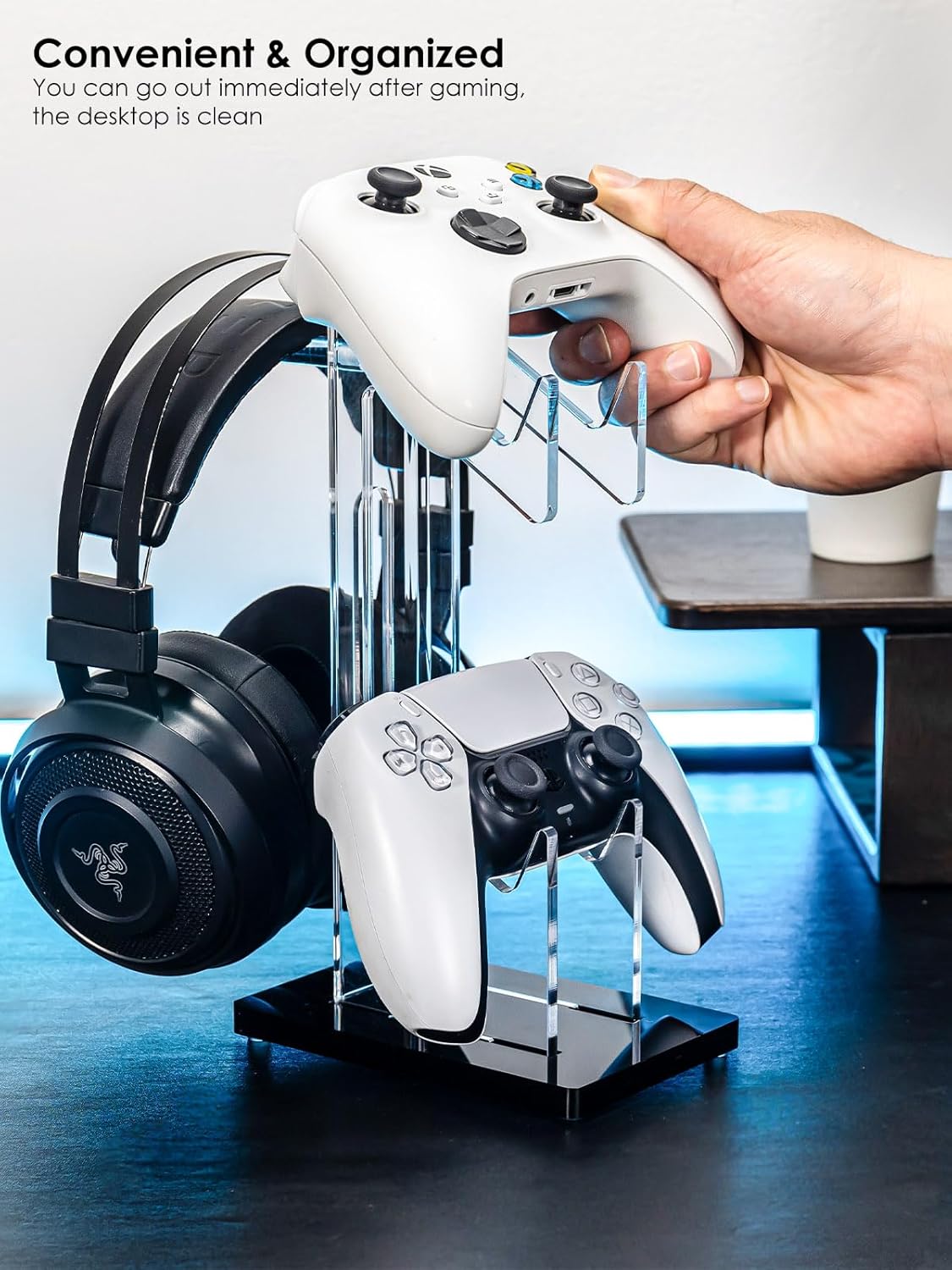 OAPRIRE Headset and Controller Stand, Space-Saving 2 Tier Game Controller Holder, Acrylic Controller and Headset Stand for Desktop, Universal Design Compatible with PS5/PS4/Xbox/Switch (Deep Black)
