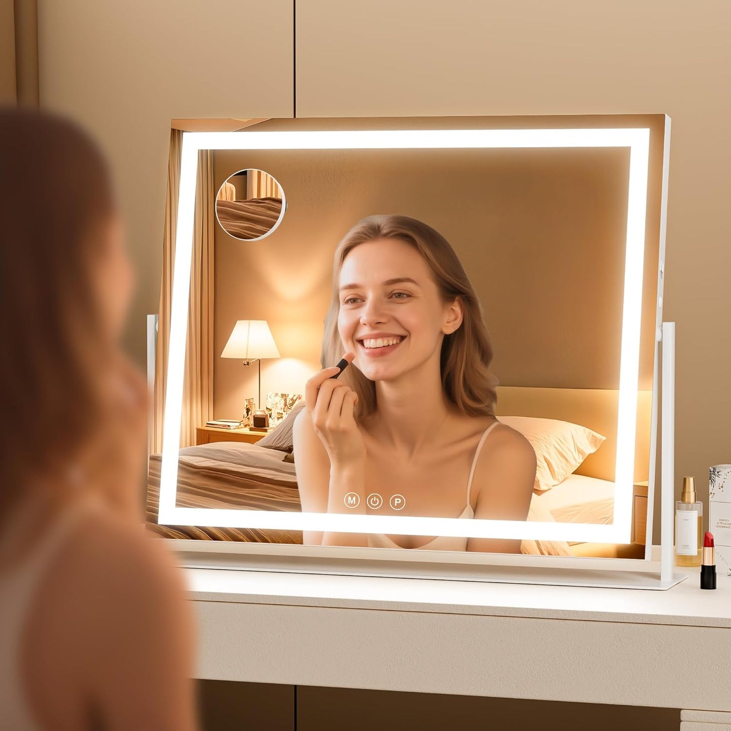 Vanity Mirror with Lights, 30'' x 22'' Lighted Makeup Mirror, Touch Screen with 3-Color Lighting, Dimmable for Vanity Desk Tabletop Square White