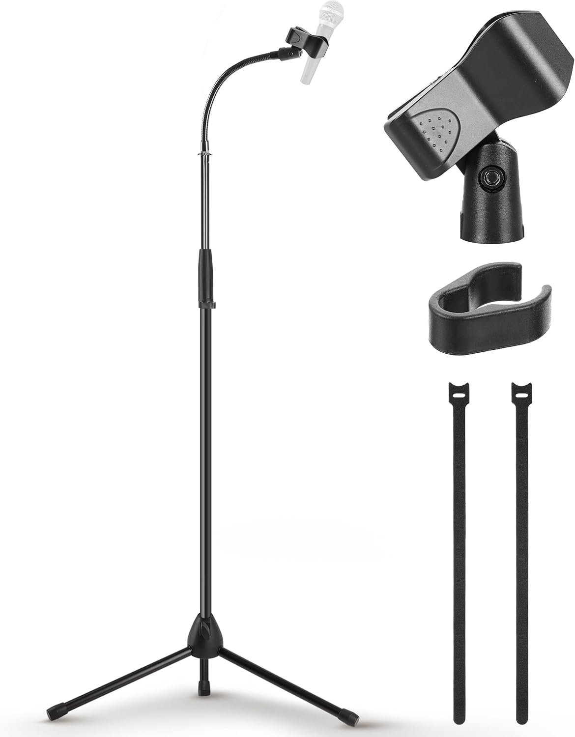 Pyle Tripod Mic Stand, Adjustable Gooseneck Microphone Stand, Sturdy Build, Non-Slip Rubber Feet, Folds Flat for Compact Storage, Includes Mic Clip & 5/8" Adapter, 52.36" to 79.13" Inch