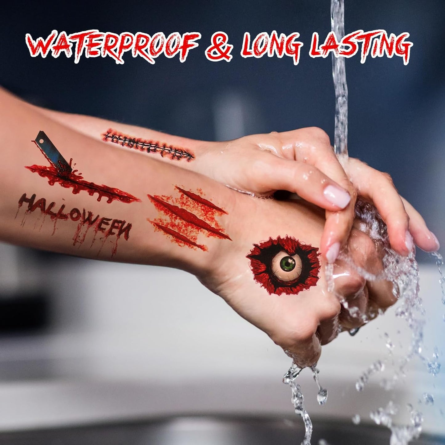 Halloween Horror Makeup Fake Scars Temporary Tattoos - 118 Pcs Realistic Bloody Stitches Wound Tattoo Stickers for Face & Body, Zombie, Chucky, Vampire Cosplay, Pranks & Masquerade Parties