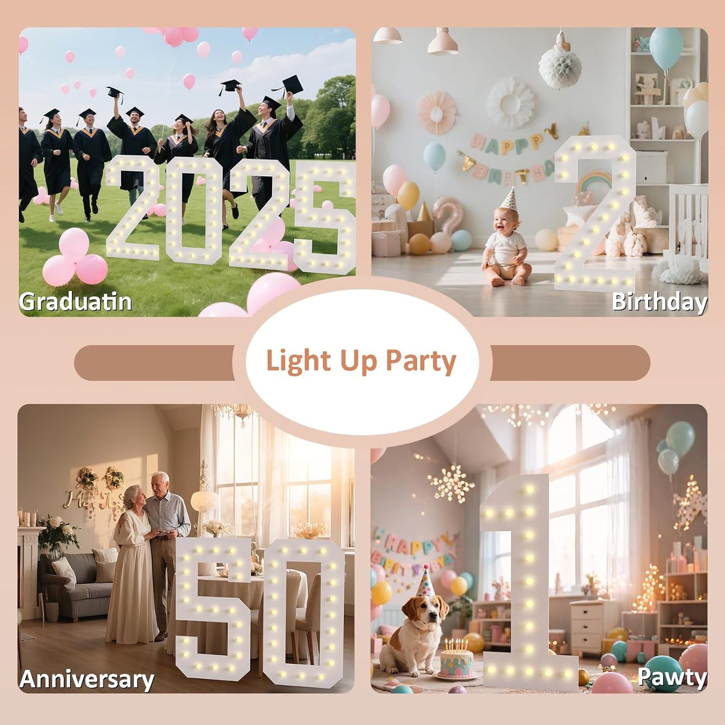 LOBOOM 4FT Light Up Numbers, Marquee Numbers 4 Feet Tall Giant Number 2 Mosaic Big Number Sign for 2nd 12th 21st Birthday Party Backdrop Anniversary Decorations, Pre-Cut Large Frame 2