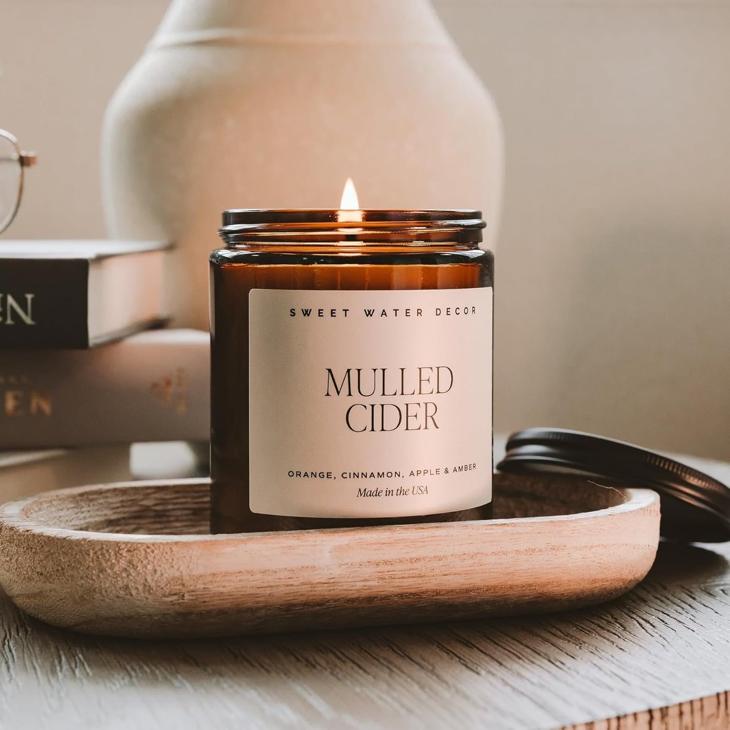 Sweet Water Decor Mulled Cider Candle - Fall Candles with Orange, Cinnamon, Apple, and Amber Scent for Home - Fall Soy Candle with 40 Hours Burn Time - 9Oz Black Lid Amber Jar Mulled Cider Scents