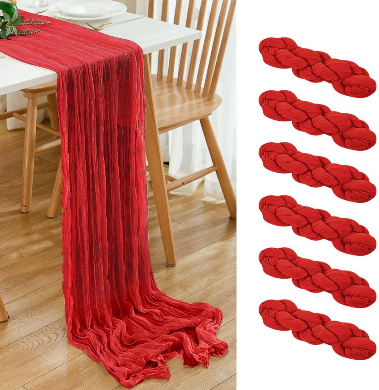 6 Pack 10ft Red Cheesecloth Table Runner 21x120 Inch Boho Wrinkled Sheer Romantic Gauze Decor for Wedding, Bridal Shower, Birthday Party