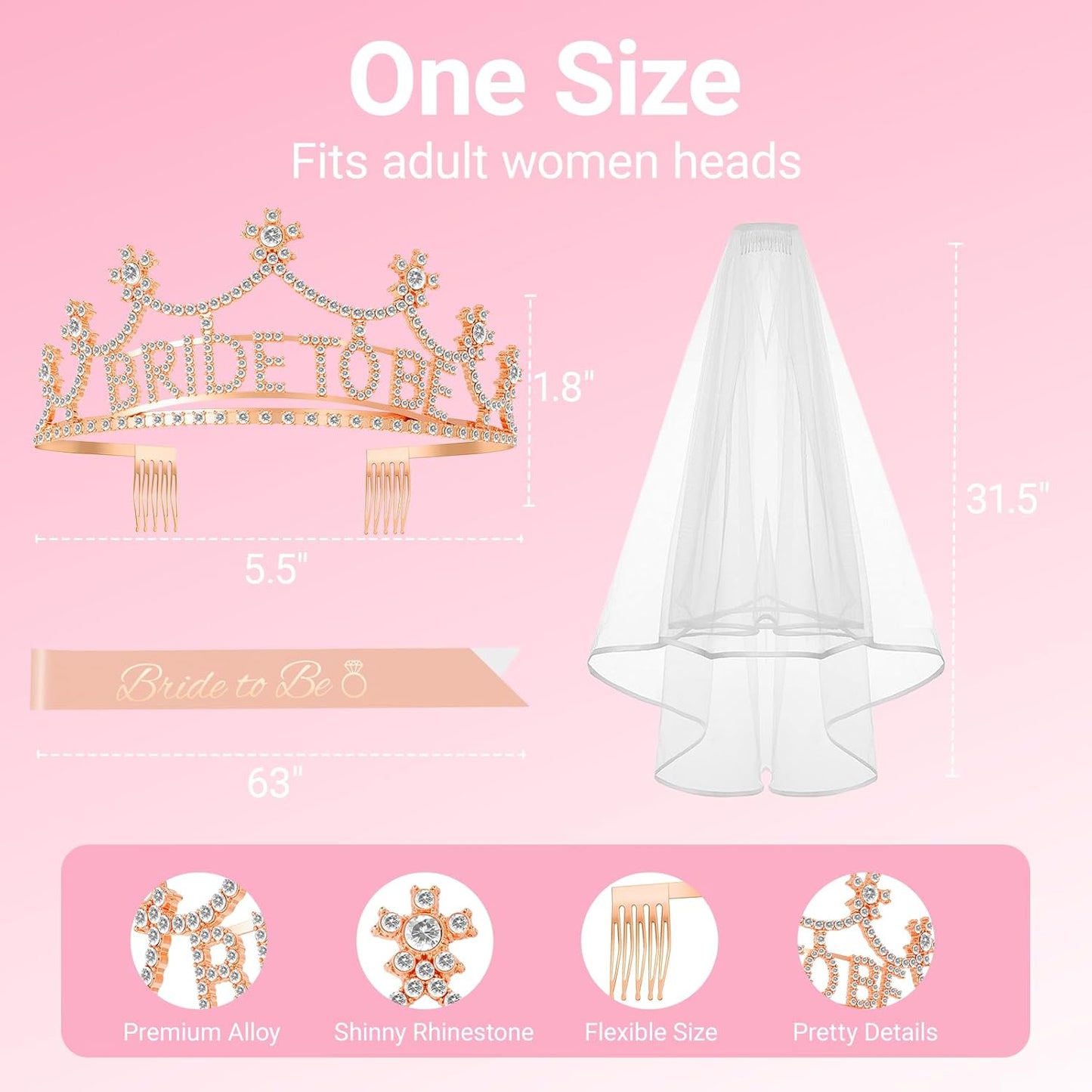 3Pcs Bride to Be Crown with Sash and Veil for Bachelorette Party Decorations，Bridal Shower Accessories for Gift, Favors